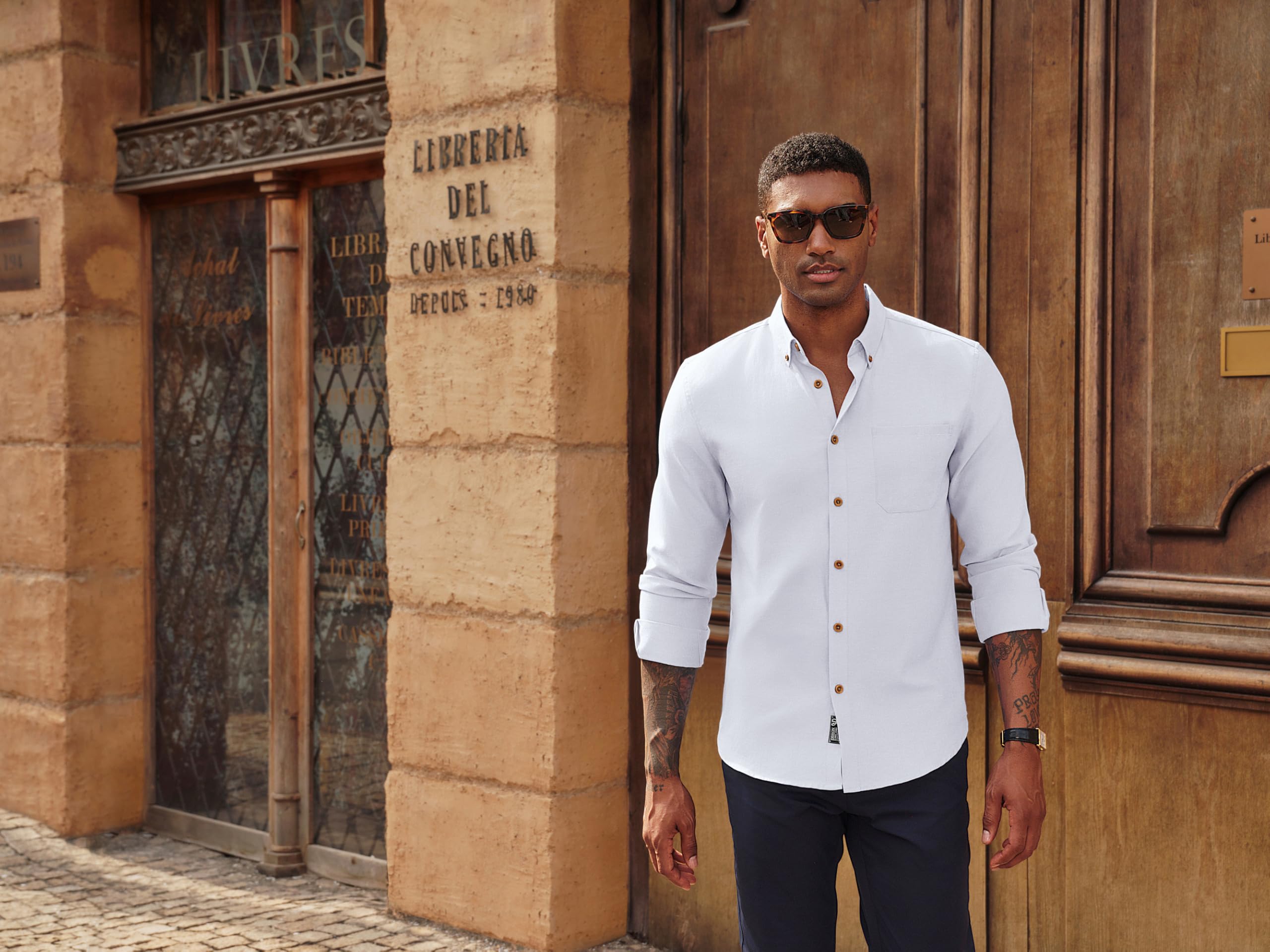 PJ PAUL JONES Camicia da uomo a maniche lunghe, Oxford, con bottoni, non necessita di stiratura, casual, con tasca, abbigliamento estivo, camicia da lavoro