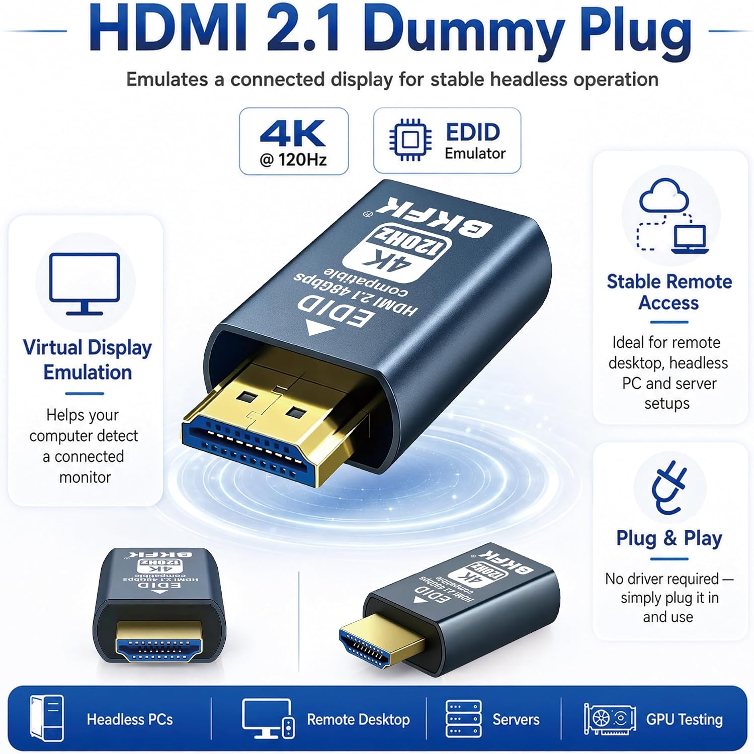 4K 120Hz HDMI 2.1-Compatible Dummy Plug, Headless Ghost Display Emulator Adapter for GPU, Remote Desktop, Servers, Cloud Gaming, VR Testing 3840x2160@120HZ,1440P@120HZ,1080P@120HZ(SDR) image 2