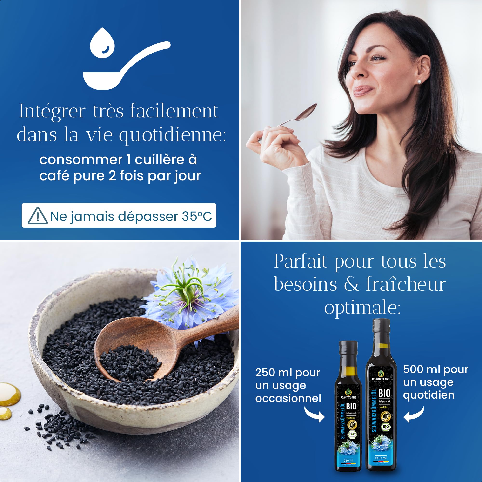 Kräuterland Bio Huile de Nigelle 250ml, non filtrée, pressée à froid,égyptienne, nigella sativa, végétalienne