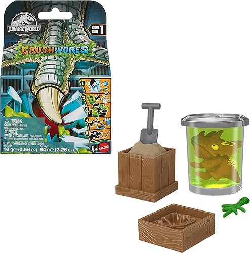 Mattel Jurassic World Unboxing Crushivores Mini Dinosaur Toy Figure in Rip-Open Package with Multiple Compounds & Surprises, Feeding Play
