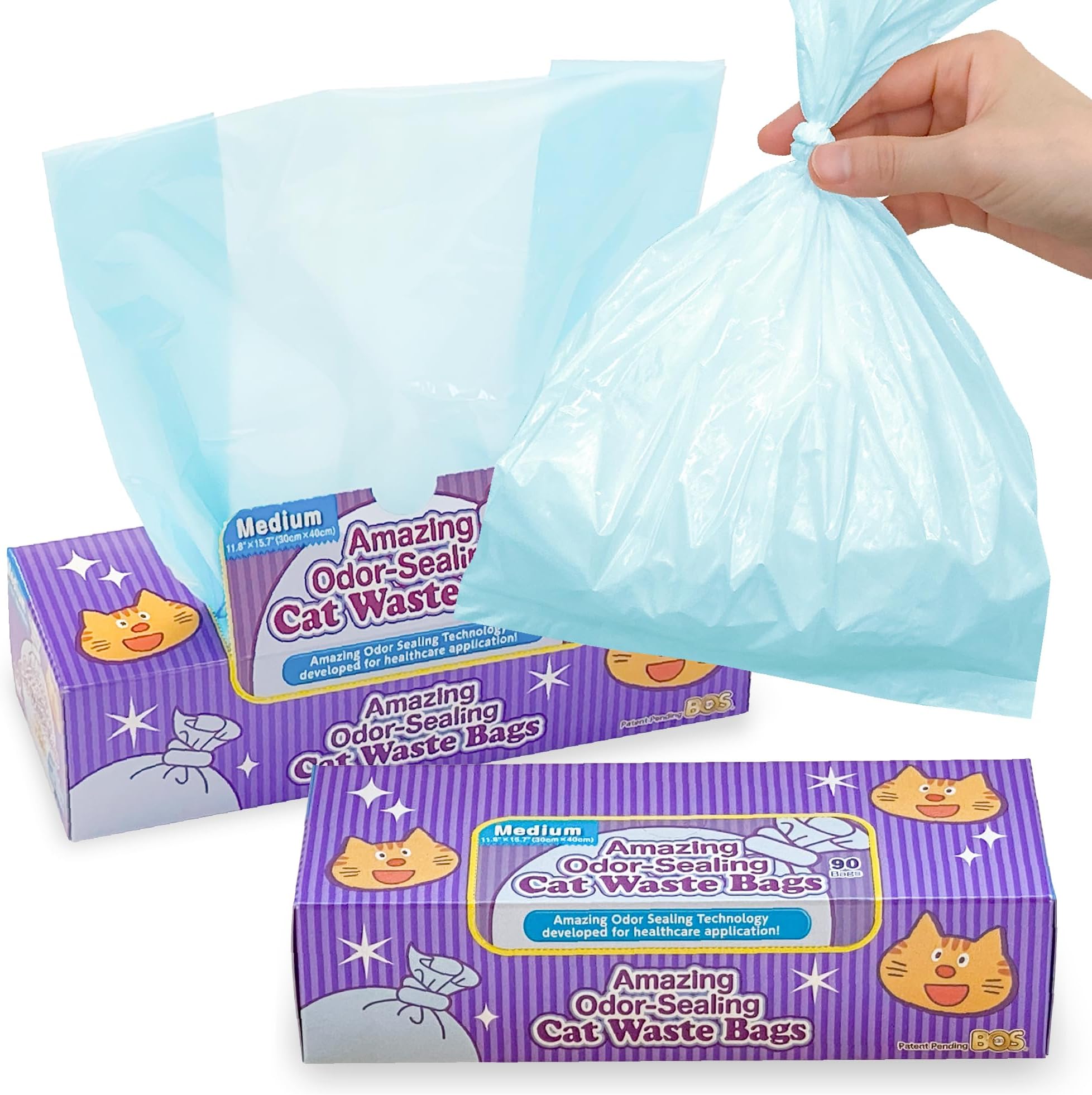 BOS Amazing Odor Sealing Cat Waste Disposal Bags - Durable and Unscented [Size: M, Color: Light blue] (90 Count, Pack of 2) (180 Bags)