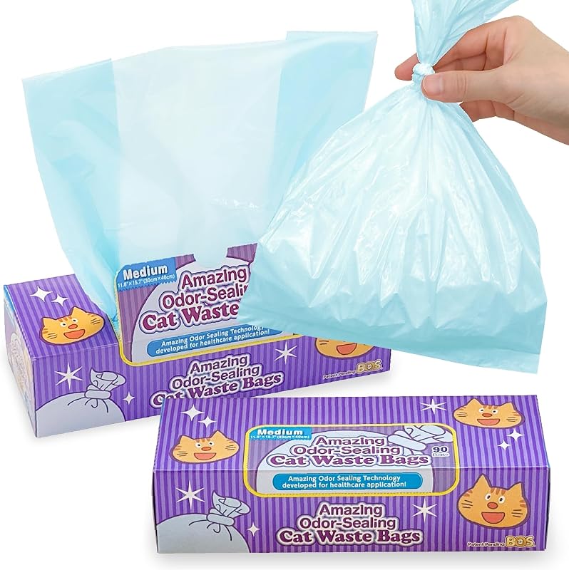 Sacos para Descarte de Areia e Resíduos de Gatos BOS Antiodor, Plástico Resistente, Sem Fragrância, M, Azul-claro, Pacote com 180