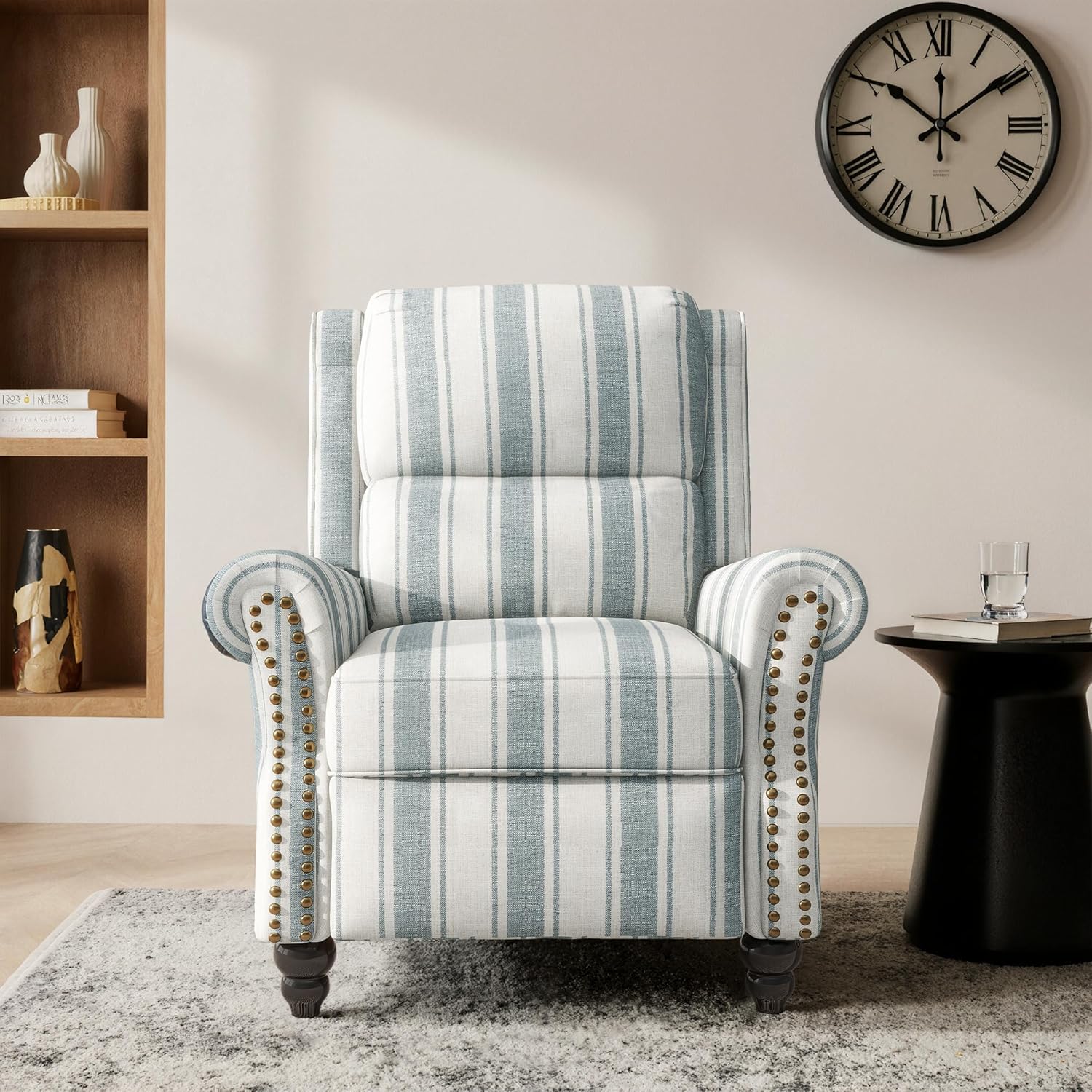 Pushback Recliner Chair, Striped Fabric Wingback Recliner Chair, Upholstered Push Back Armchair Recliner, Single Sofa with Trim Wood Legs for Living Room (Blue)