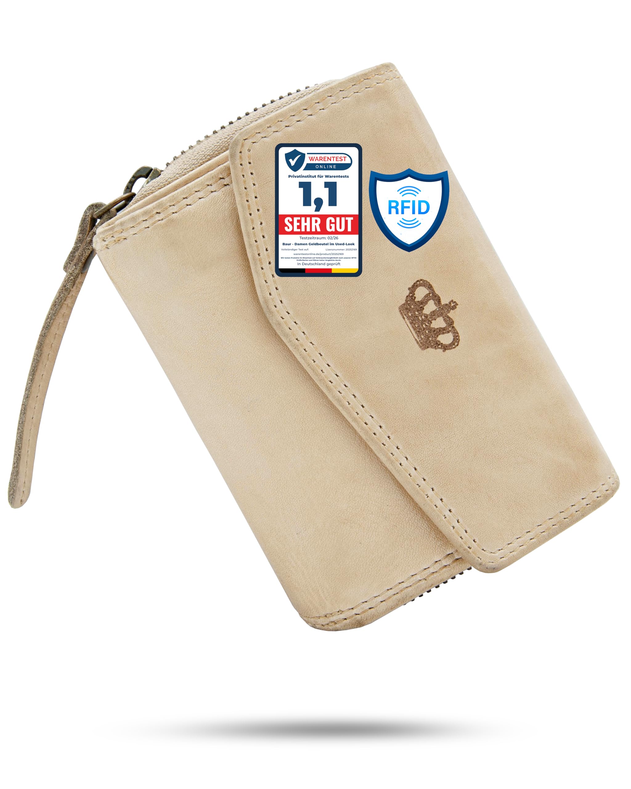 Baur Damen Geldbörse aus extra weichem Waschleder – Geldbeutel im Used-Look mit RFID-Schutz – Kleines Portemonnaie mit vielen Kartenfächern und Münzfach mit Metall-Reißverschluss (Beige)