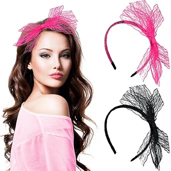 2 Pieces Neon Lace Bow Headband,Elastic Womens 1980s Neon Lace Headband, 1980s Cosplay Hair Hoop Hair Accessories for Women, Good for Carnival, Christmas Party, Daily DecorationPink+Black