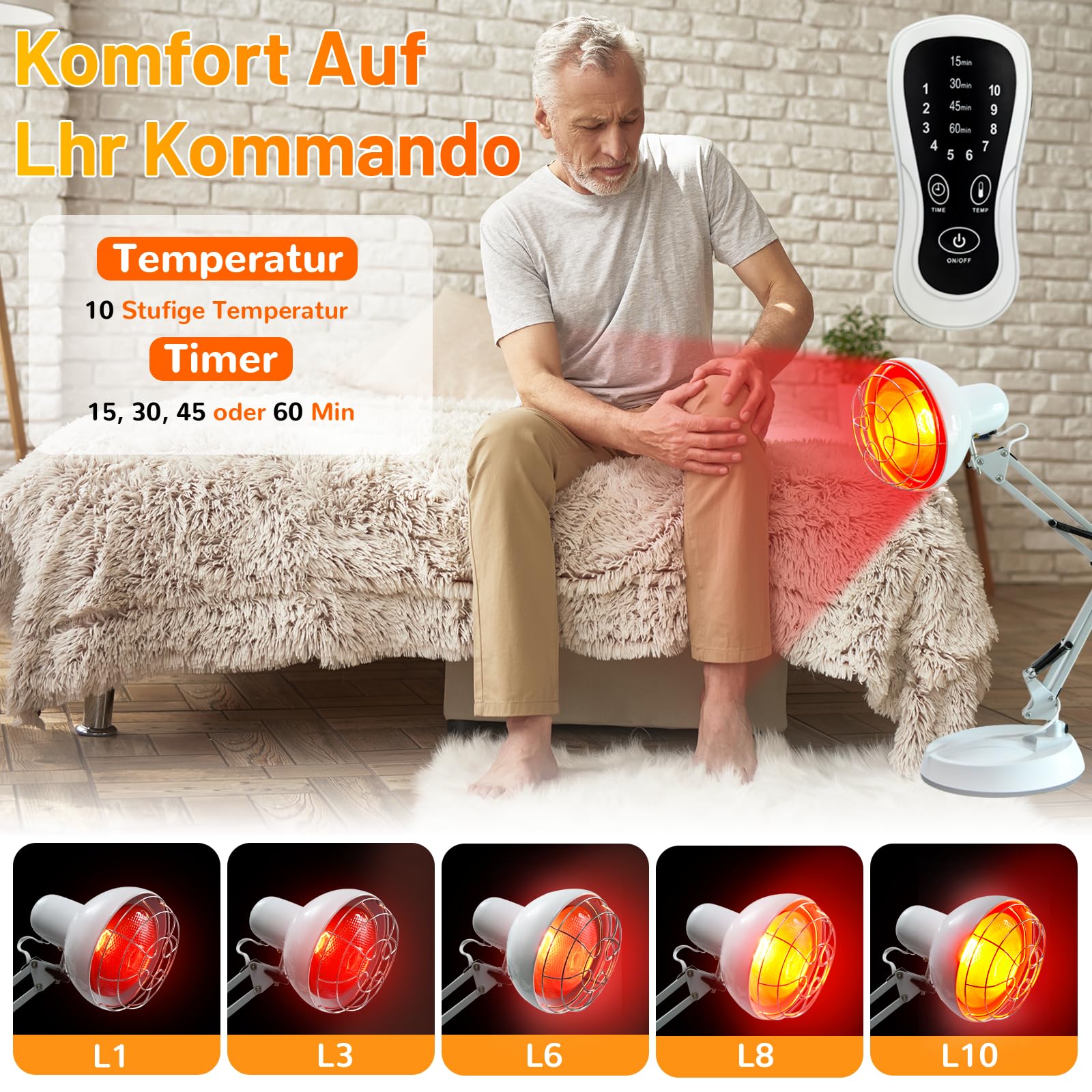 Infrarotlampe, 150W Infrarotlichtlampe Wärmelampe, 10 Stufen Temperatur Einstellbar mit Timer, Infrarotlicht Rotlichtlampe Wärmelampe fur Schmerzlinderung