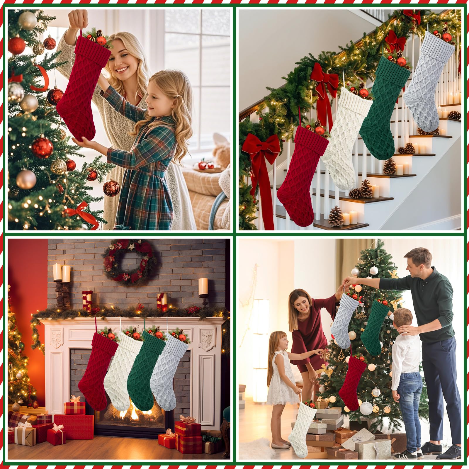Mostop Weihnachtsstrümpfe, 45,7 cm, große Größe, Zopfmuster, Weihnachtsstrümpfe für Urlaub, Weihnachten, Party, Familiendekoration, 4 Stück