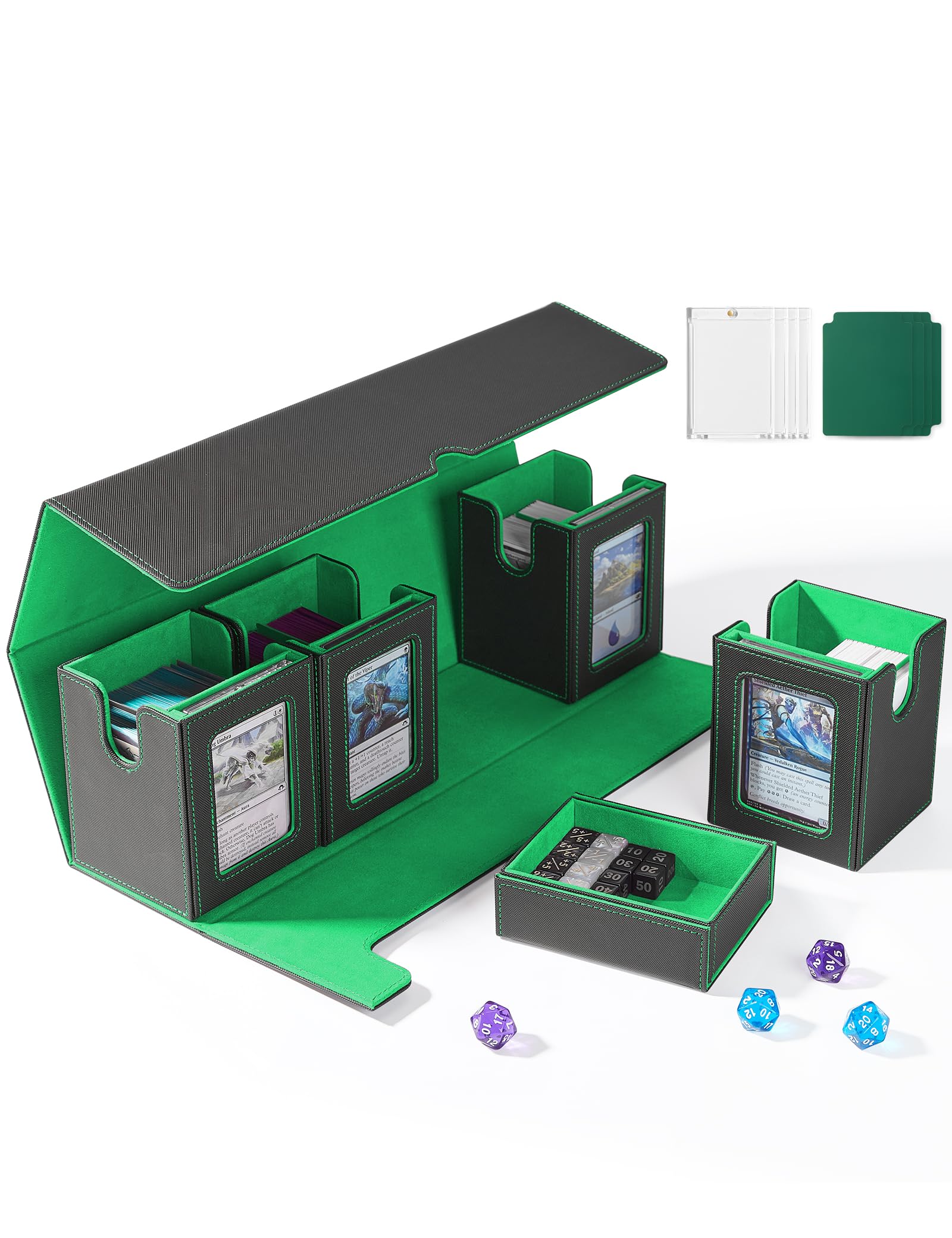 UAONO Card Deck Box for MTG with Commander Display, 5 in 1 Card Deck Case Holds 800+ Unsleeved Cards, Strong Magnet Organizer Compatible with Yugioh TCG Sports Cards (Black&Green)