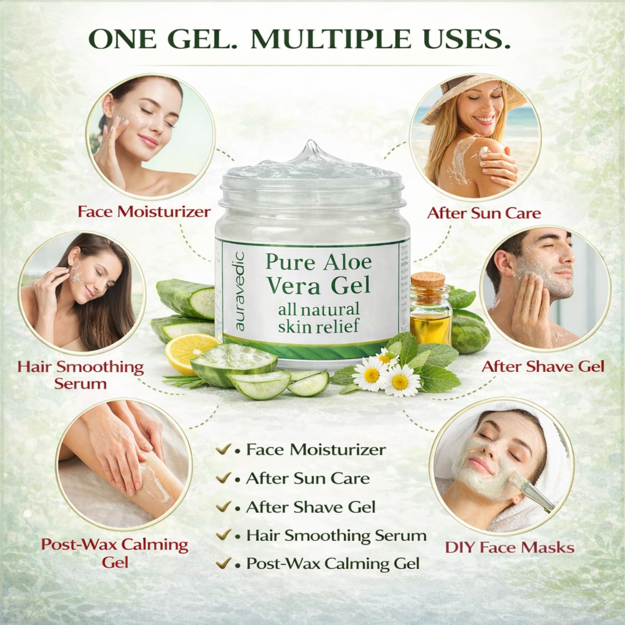Amazon.com : Auravedic Pure Aloe Vera Gel for Face, Body & Hair | Natural &  Soothing Plant-Based Gel | Ideal for Daily Skincare, After-Sun Use & Hair  Conditioning | Alcohol-Free | 7.05