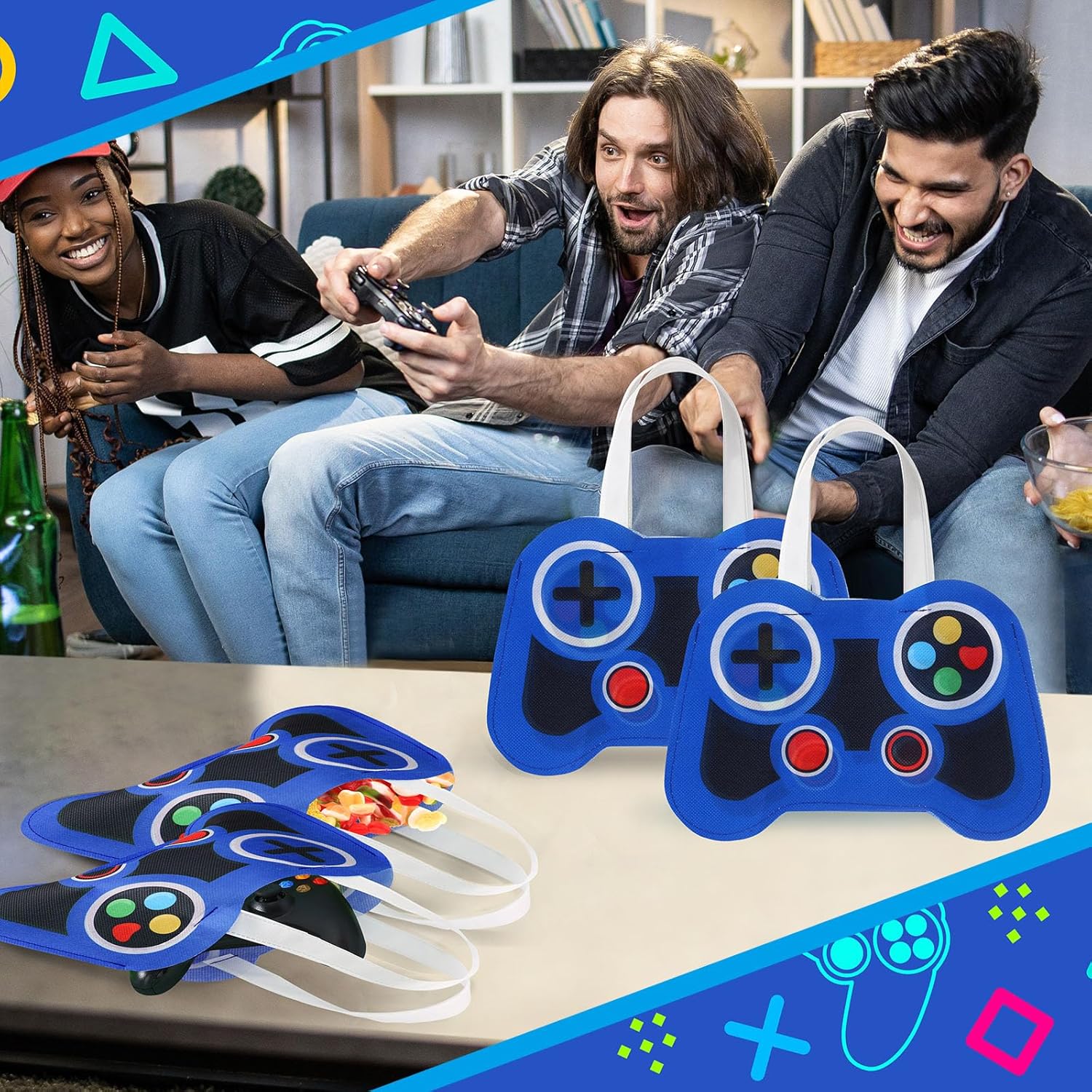 Silkfly 12 Pcs Video Game Party Favor Bags Non Woven Reusable Gaming Goodie Treat Gift Bags with Handles Gaming Party Supplies(Blue) - Image 5
