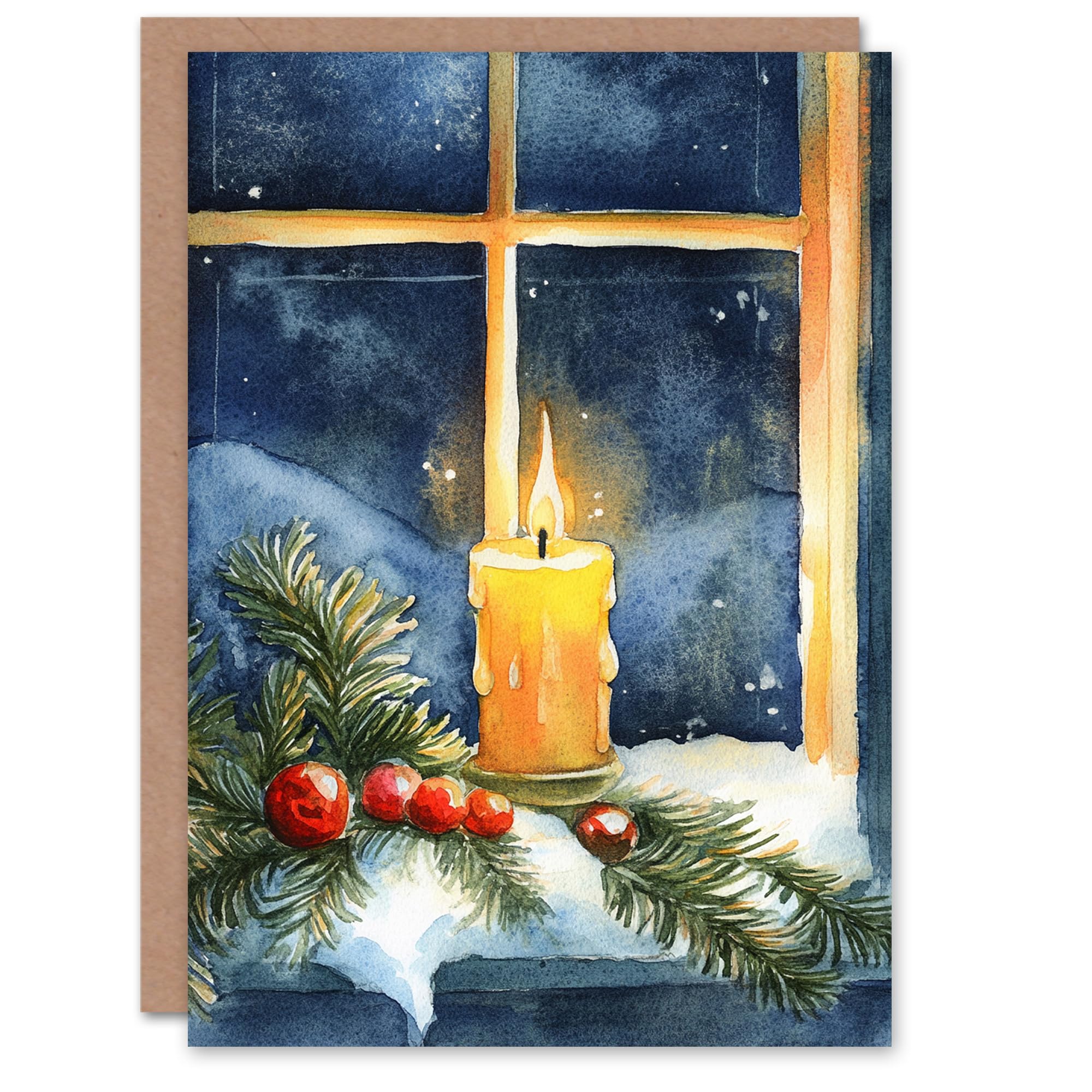 Artery8 Pillar Candle Holly Pine Window Snow Blank For Him Or Her Art Xmas Festive Christmas Card