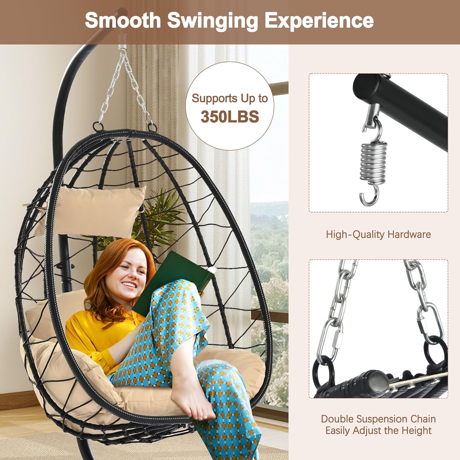 Hanging Egg Chair Indoor Outdoor with Stand, Patio Rattan Wicker Egg Swing Chair Hammock Chair with UV Resistant Thicken Comfy Cushions, Waterproof, Ideal for Bedroom Garden Porch Balcony, Beige