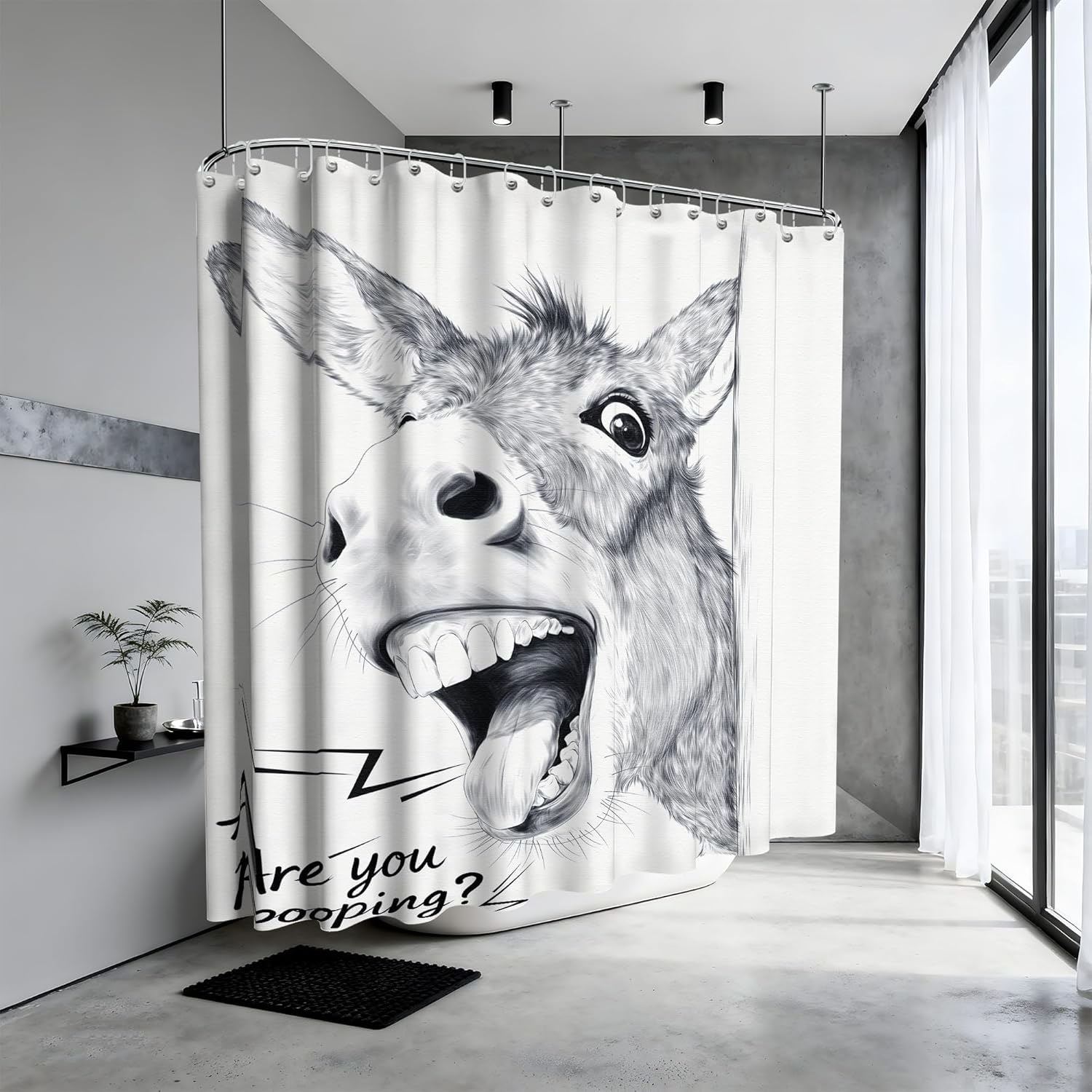 Funny Donkey Shower Curtain are You Pooping Black and White Shower Curtains for Bathroom Decor Sets, Waterproof Cloth Fabric with Hooks, 108x72 Inch