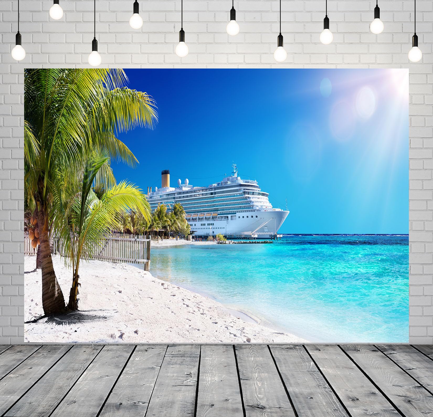 CORFOTO 10x8ft Cruise Ship Backdrop Caribbean Sea Background Palm Trees Tropical Beach Island Photography Backdrops Summer Cruise Travel Party