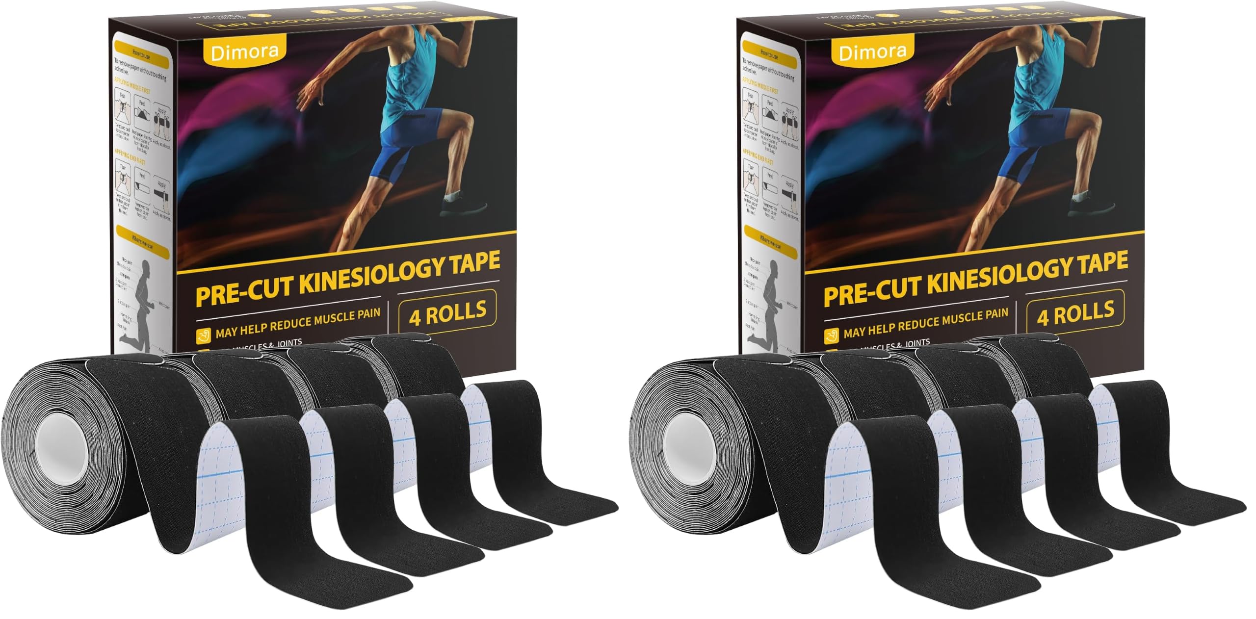 Dimora Kinesiology Tape, 80 Count Precut Strips 4 Rolls, Original Cotton, 10” Elastic Athletic Tape for Muscle Pain Relief and Joint Support, Black (Pack of 2)