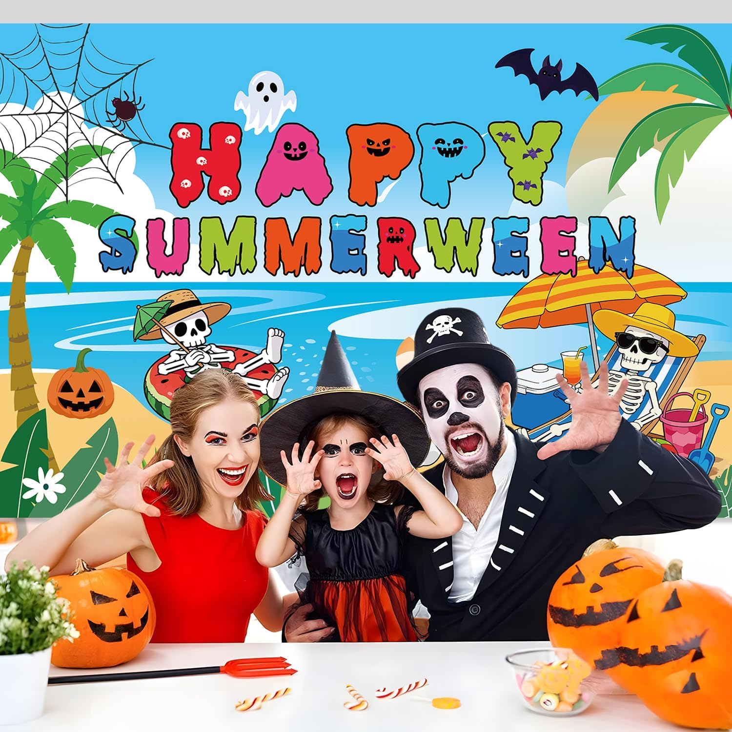 Summerween Party Decorations Backdrop 5x3FT Happy Summerween Decor Banner Halloween Summer Beach Themed Photo Booth Background with Skeleton Pumpkin for Indoor Outdoor Wall Decor