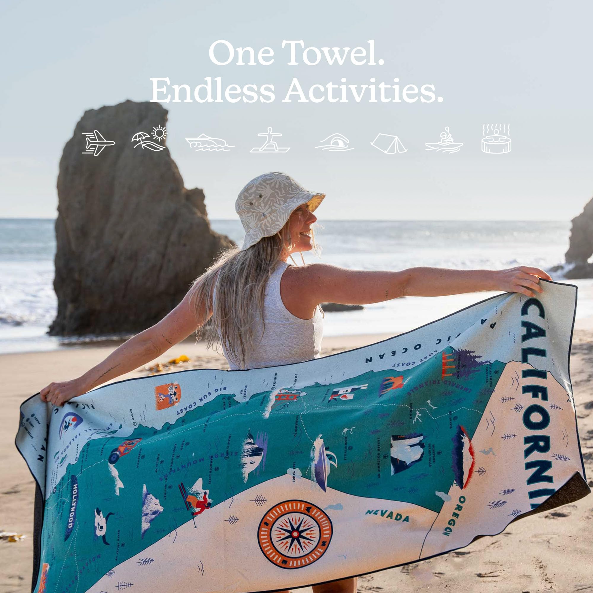 Nomadix Original-Handtuch, perfekt für Strand, Pool, Reisen, Camping, Yoga, hergestellt aus recycelten Materialien, super saugfähig, sandabweisend, Kalifornien-Karten-Handtuch, 72,5 x 30 cm