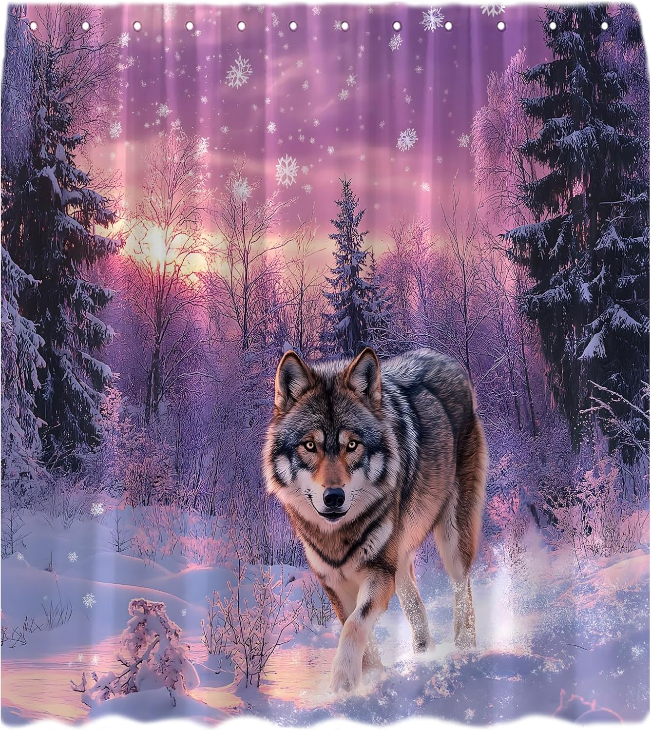 Winter Wolf Shower Curtain Christmas Wildlife Forest Snow Mountain Lake Nature Scenery Cabin Country Holiday Bathroom Curtain with Hook