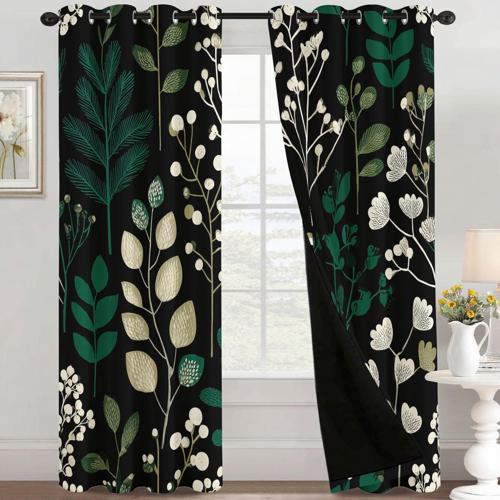 Leaf Botanical Blackout Curtains, Modern Leaves Curtains for bedroom, Living Room, Thermal Insulated Noise Reduction Eyelet Drapes, 90 Inch 2 Panels Set, (W66 x L90) ce170