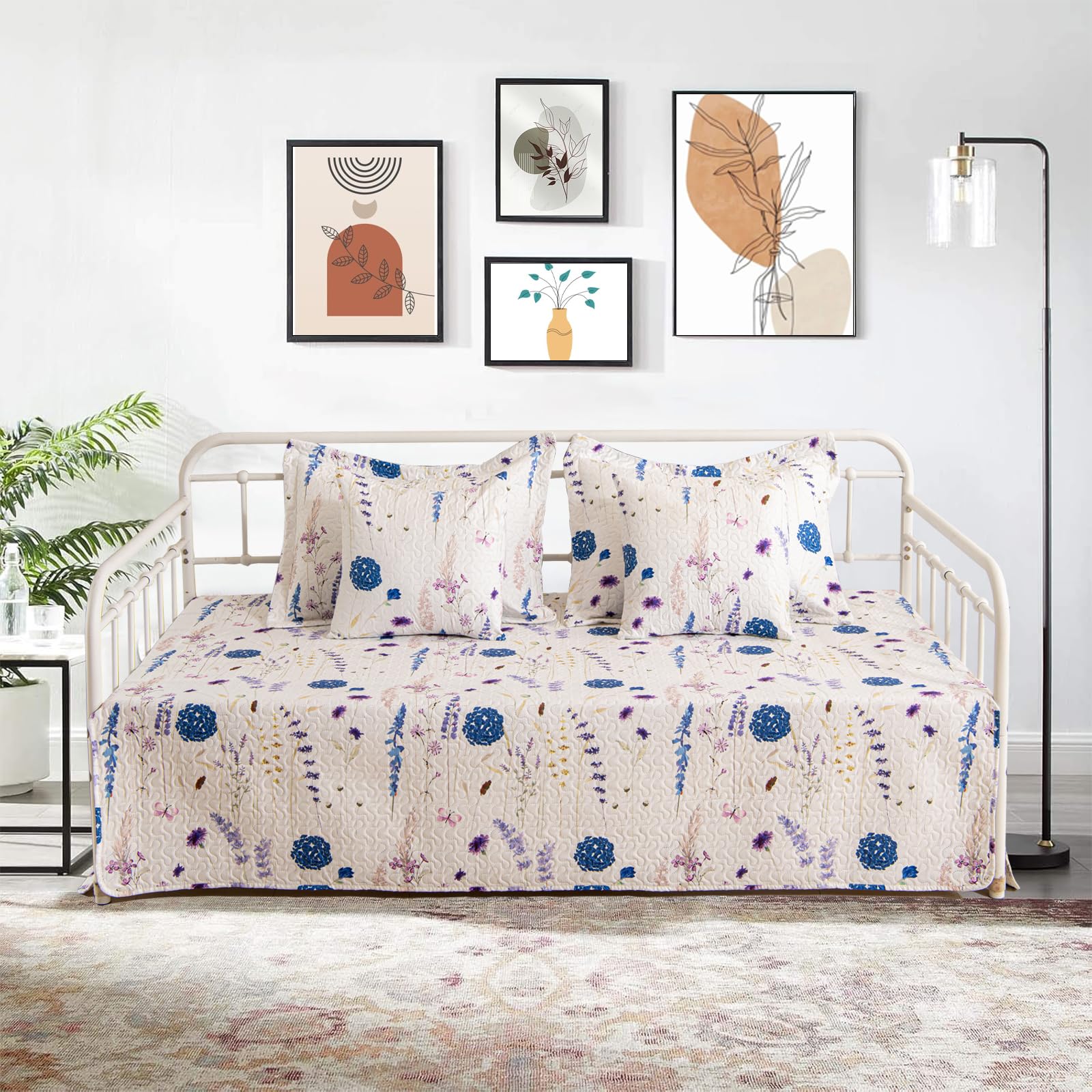 5 Piece Floral Daybed Cover Set Twin Daybed Bedding Sets for All Season Lightweight Flower Day Bed Comforter with Matching Shams&amp;Decorative Pillows,39"x75"