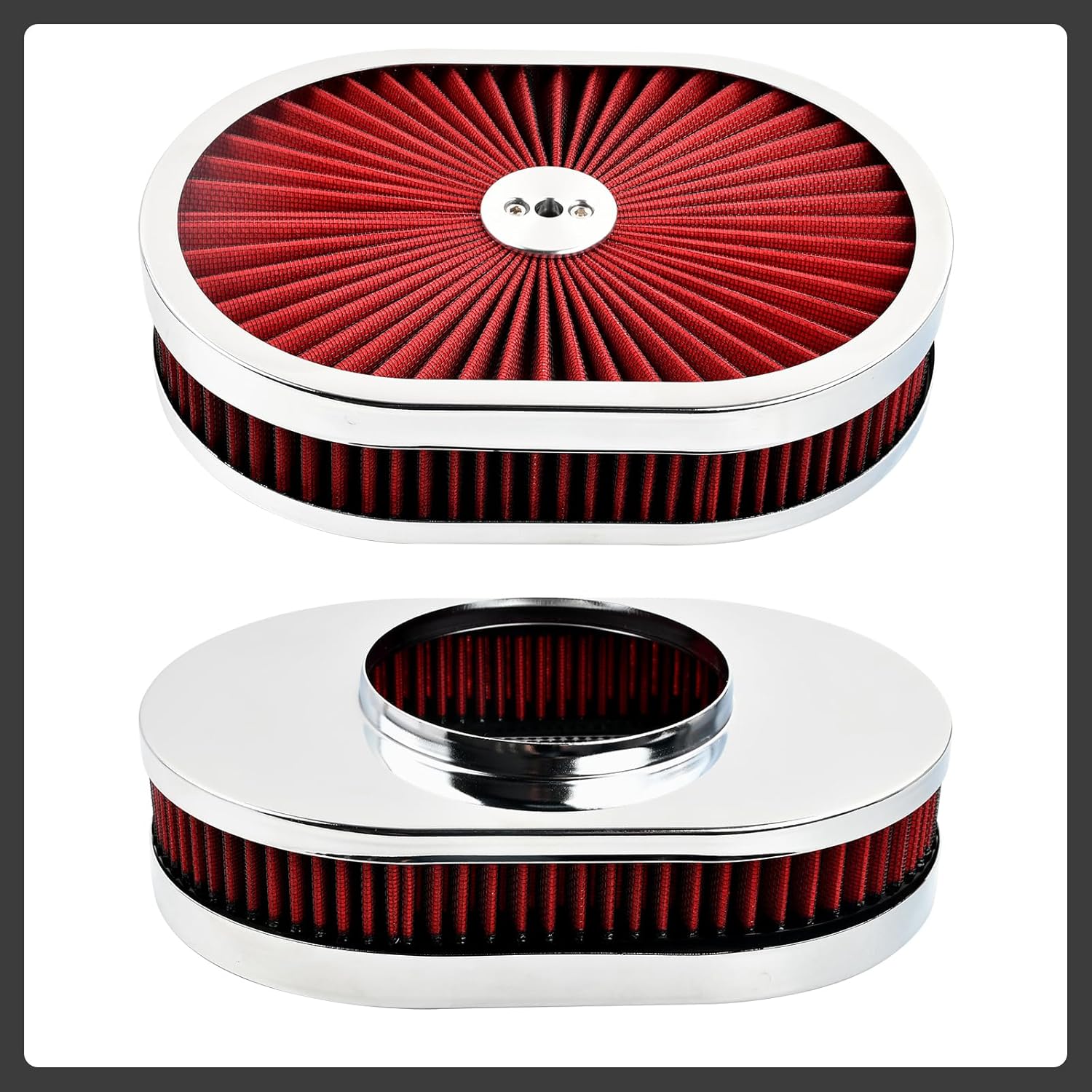 12''x2'' Red Air Cleaner Kit Washable Oval Super Flow Compatible with SBC GMC Chevy Ford Chryler Dodge 5-1/8" Carb Neck