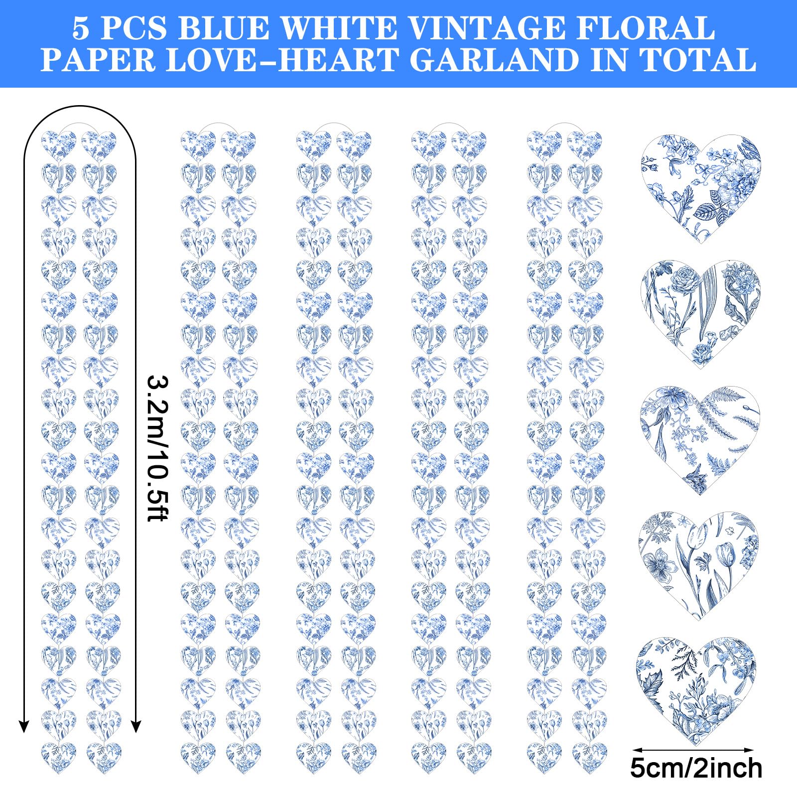 Fullhawl 5 Stück blau-weiße Vintage-Blumen-Papier-Herzgirlande, blaue Brautparty-Dekorationen, blaue Blume, hängende Herzen, Banner für Outdoor, Hochzeit, Verlobung, Geburtstag, blau und weiß,