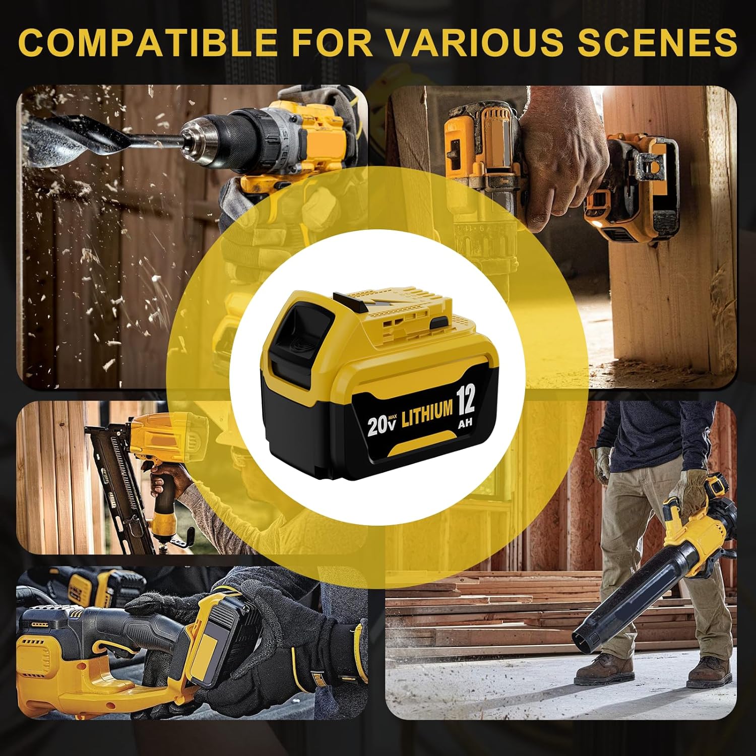 2Packs 12000mAh DCB206 Replacement for Dewalt 20V Max Battery 12.0Ah and DCB107 Charger Combo Compatible with Dewalt 20V Battery Lithium DCB207 DCB206 DCB204 DCB200 DCB201 DCB203 Series Tool (Yellow)