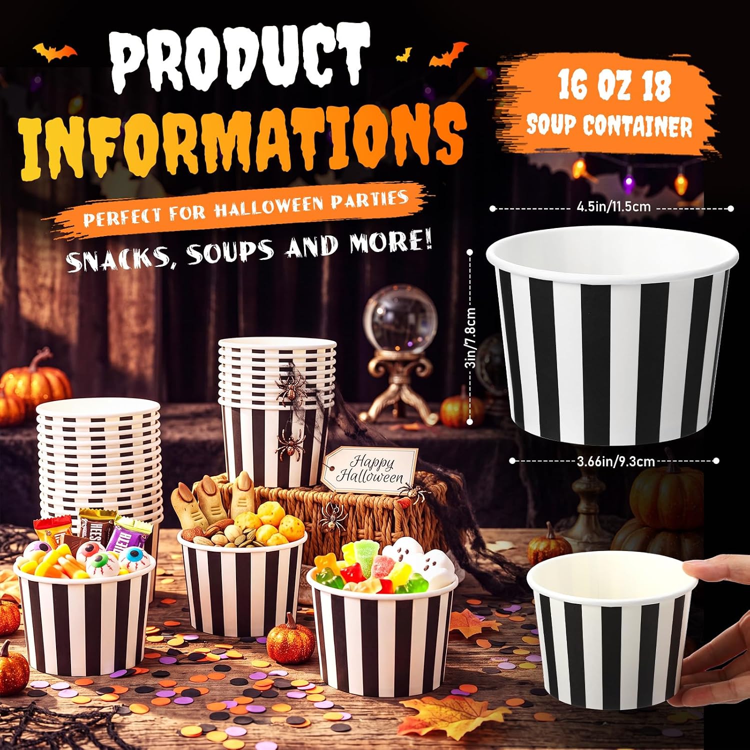 25 Pack Halloween Disposable Paper Bowls 16 oz Black and White Stripe image 3