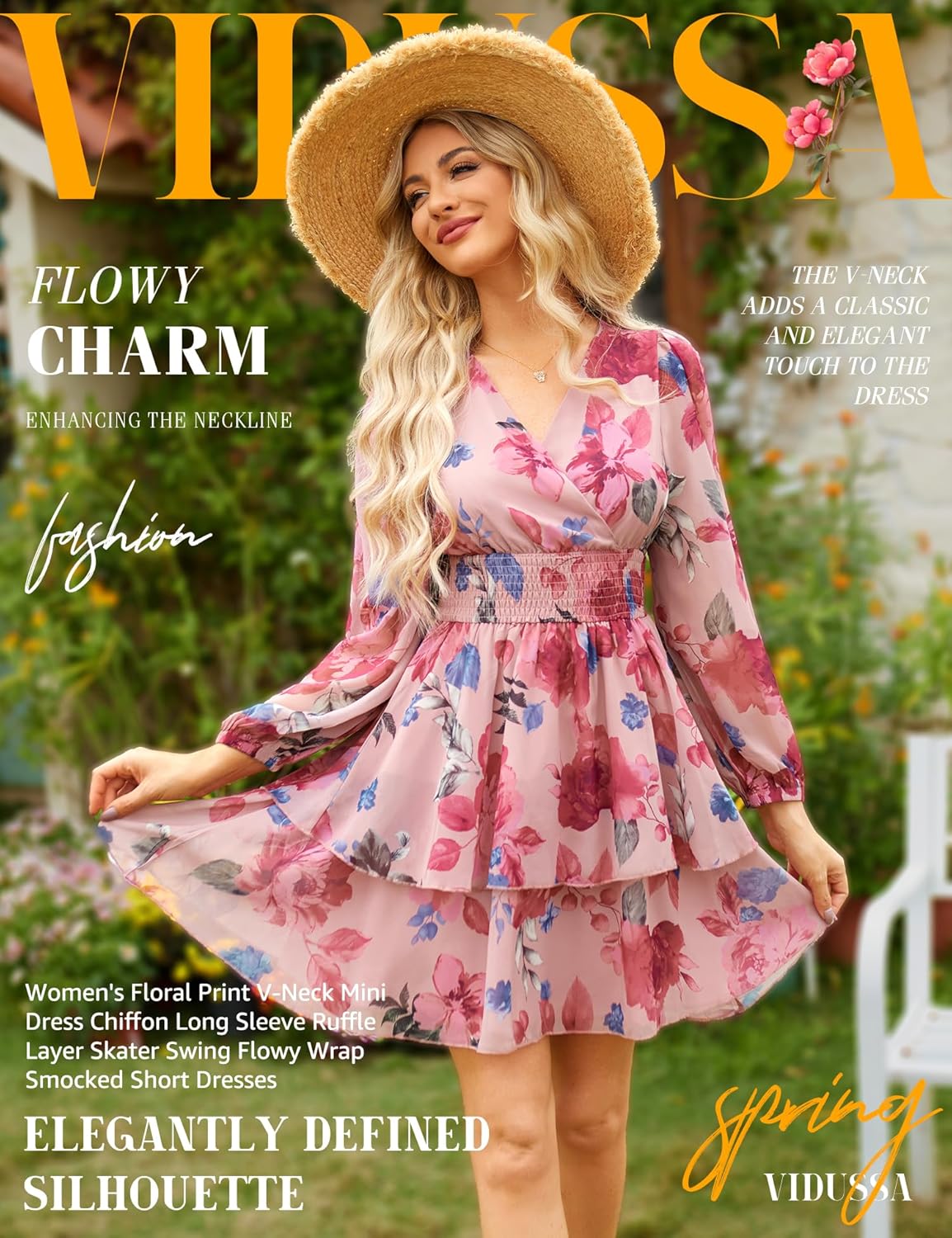 VIDUSSA Women's Floral Print V-Neck Mini Dress Chiffon Long Sleeve Ruffle Layer Skater Swing Flowy Wrap Smocked Short Dresses - Image 2
