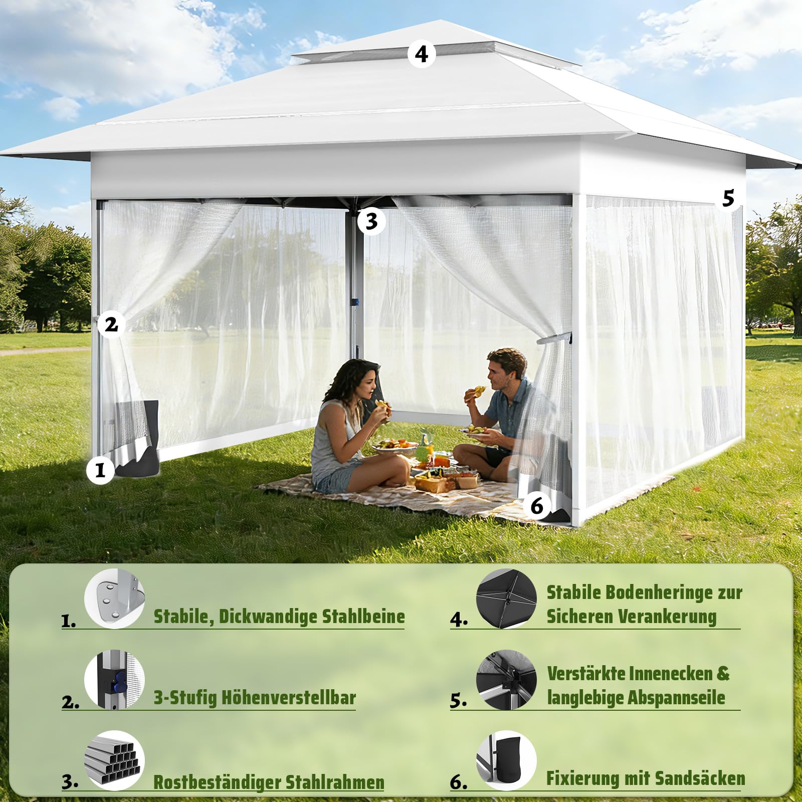 4x4m Pop-Up Pavillon,Faltpavillon mit Moskitonetz,Rollen Tragetasche,Weiß | Gartenpavillon Faltbar mit Sandsäcke Stabil,Wasserdicht,UV Schutz 50+,Belüftetes,Partyzelt für Garten Party Festival