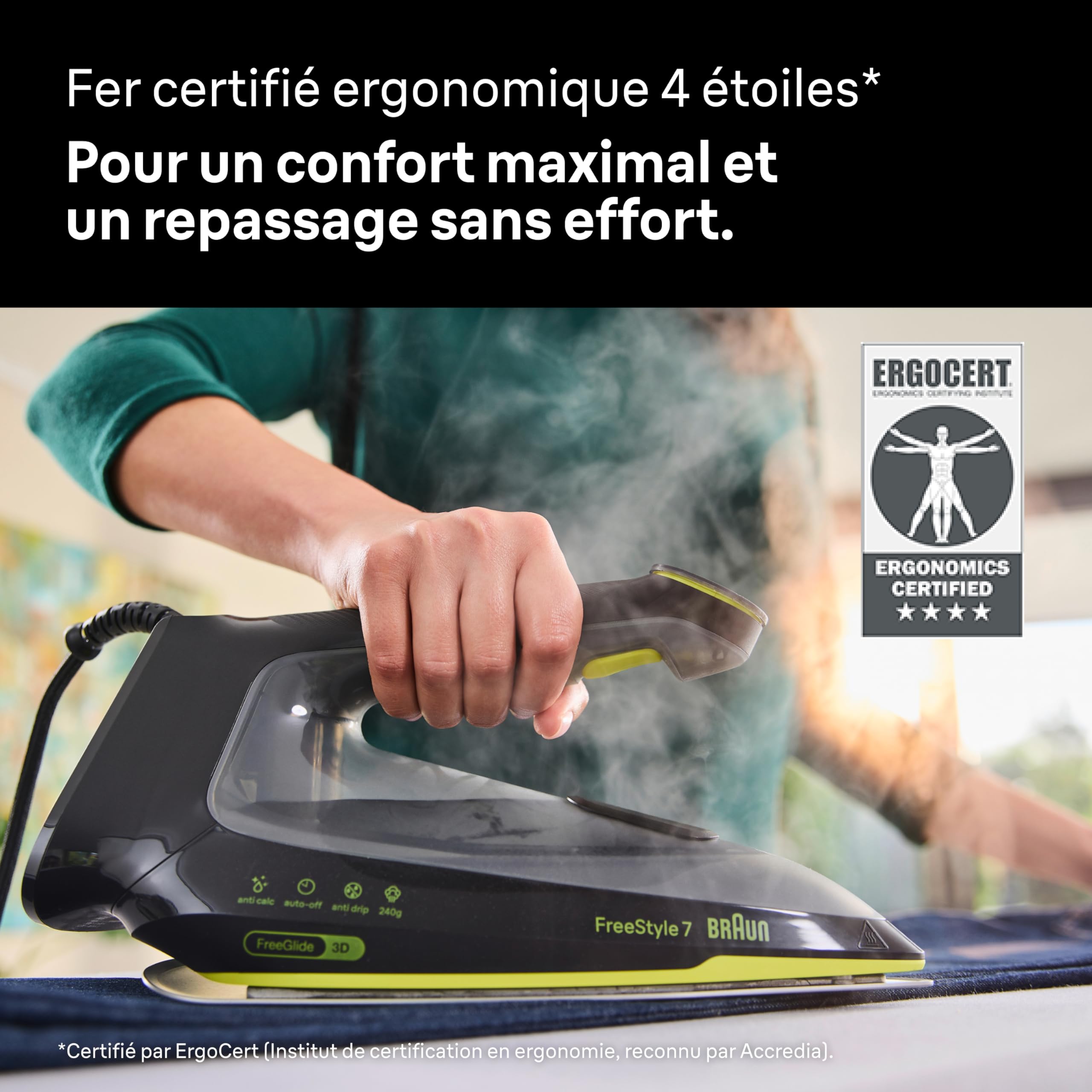 Braun FreeStyle 7 – Fer à Repasser Vapeur Ergonomique et Facile à Utiliser, Fonction Turbo, Repassage Rapide et Fluide, Design Certifié, Noir et Vert (FI7255GR)