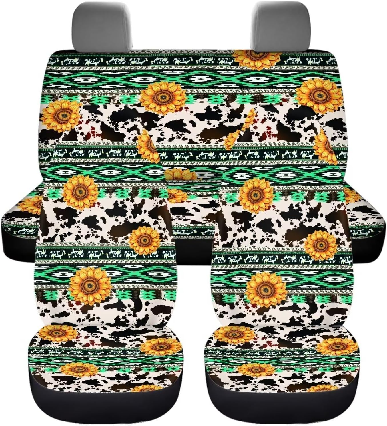 Dreaweet Aztec Car Seat Covers Full Set for Women,Sunflower Cow Car Accessories Interior Cute Front Bucket Seat Protectors with Split Bench Back Seat Covers,Universal Seat Covers for Cars SUV Trucks