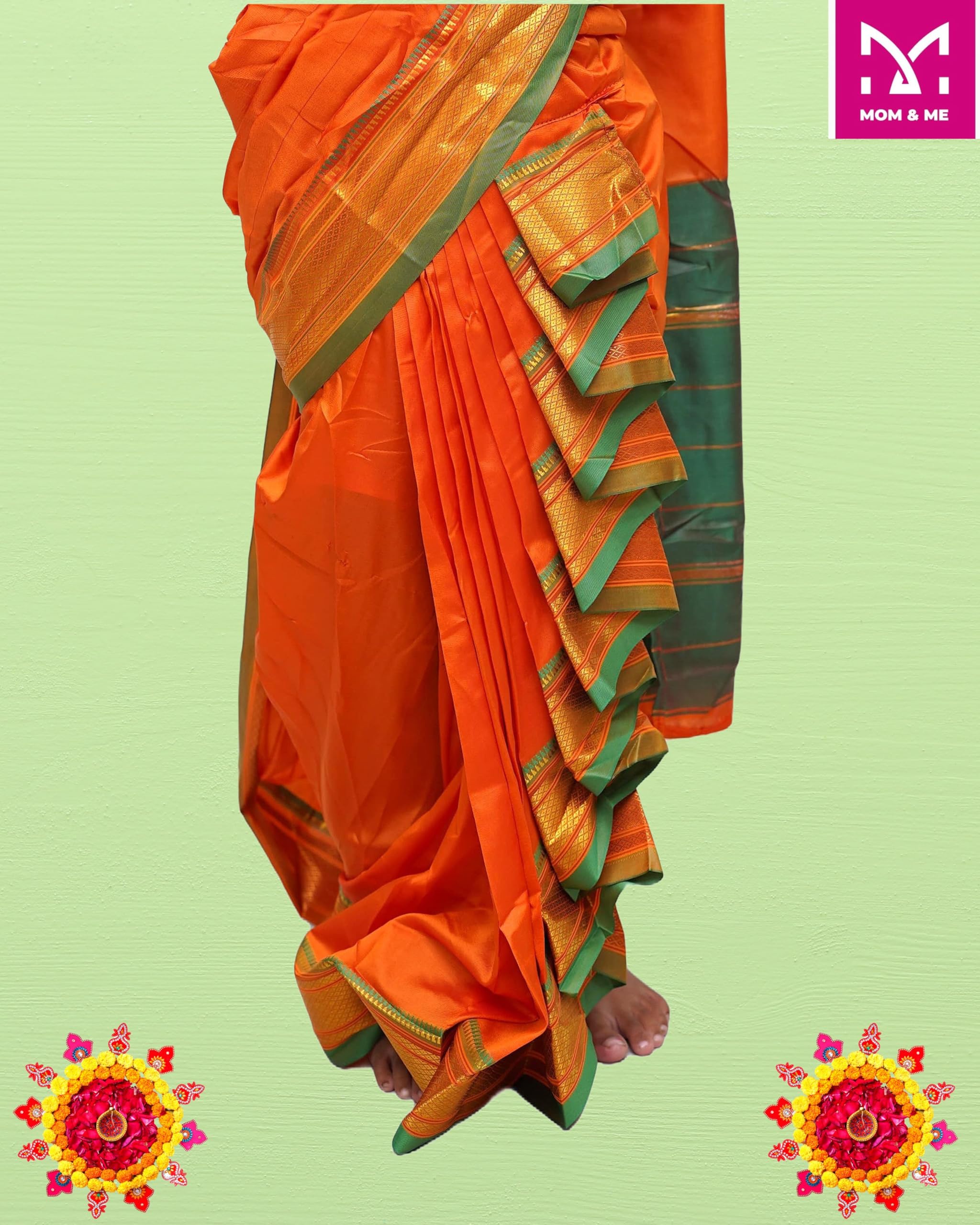 Mom and Me Nauvari Saree for Girls/Baby Girl, Ready to Wear, Marathi Maharashtrian Traditional Saree, Festival Outfit for Puja, Ganpati Festival, School Programs stitch Blouse (Mustard, 2-3 Y) - Image 4 thumbnail