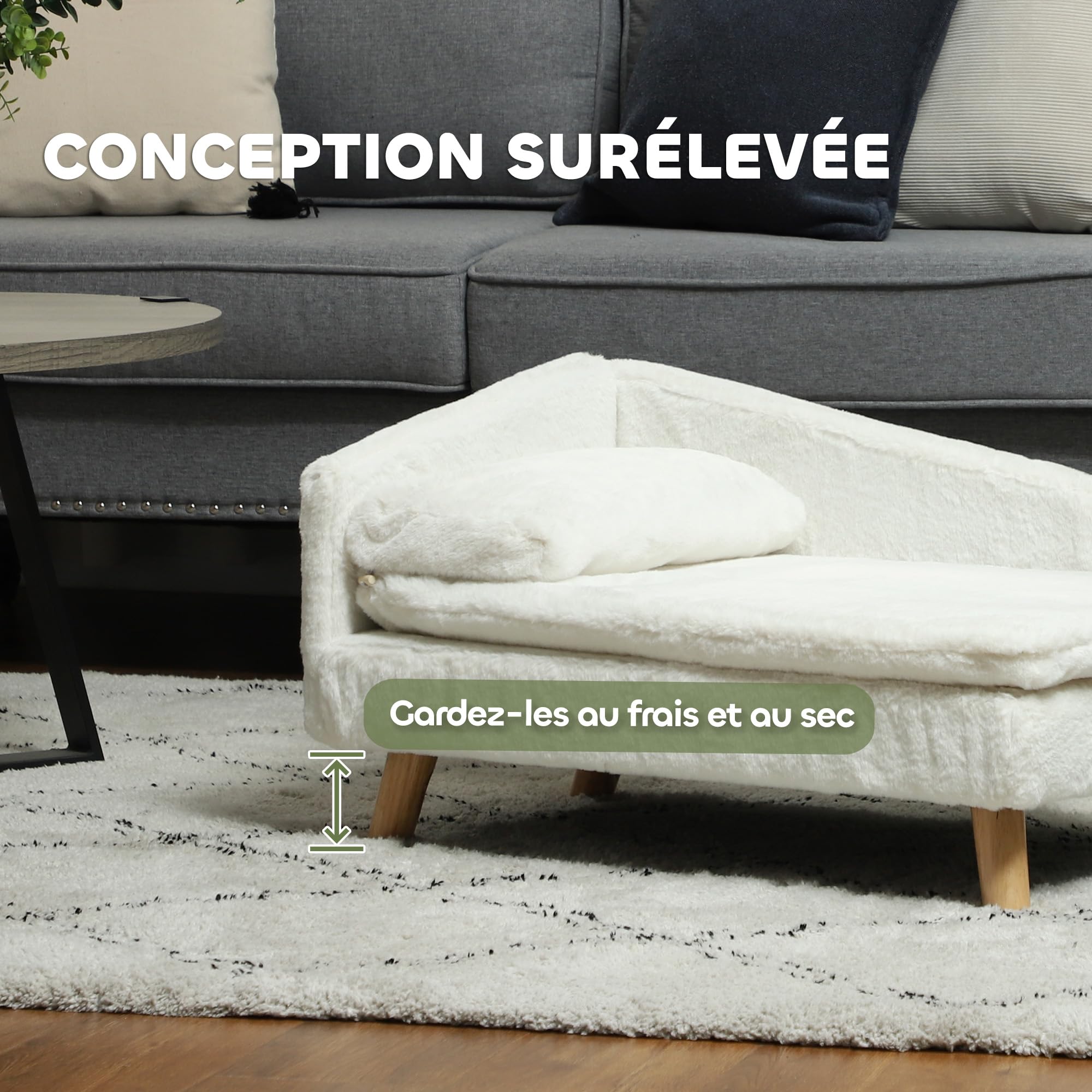 PawHut Canapé pour Chien, lit pour Chien Chat, avec Coussin Moelleux, Oreiller, Housses Amovibles et lavables, en Peluche, 70l x 42,5P x 38,5H cm, crème