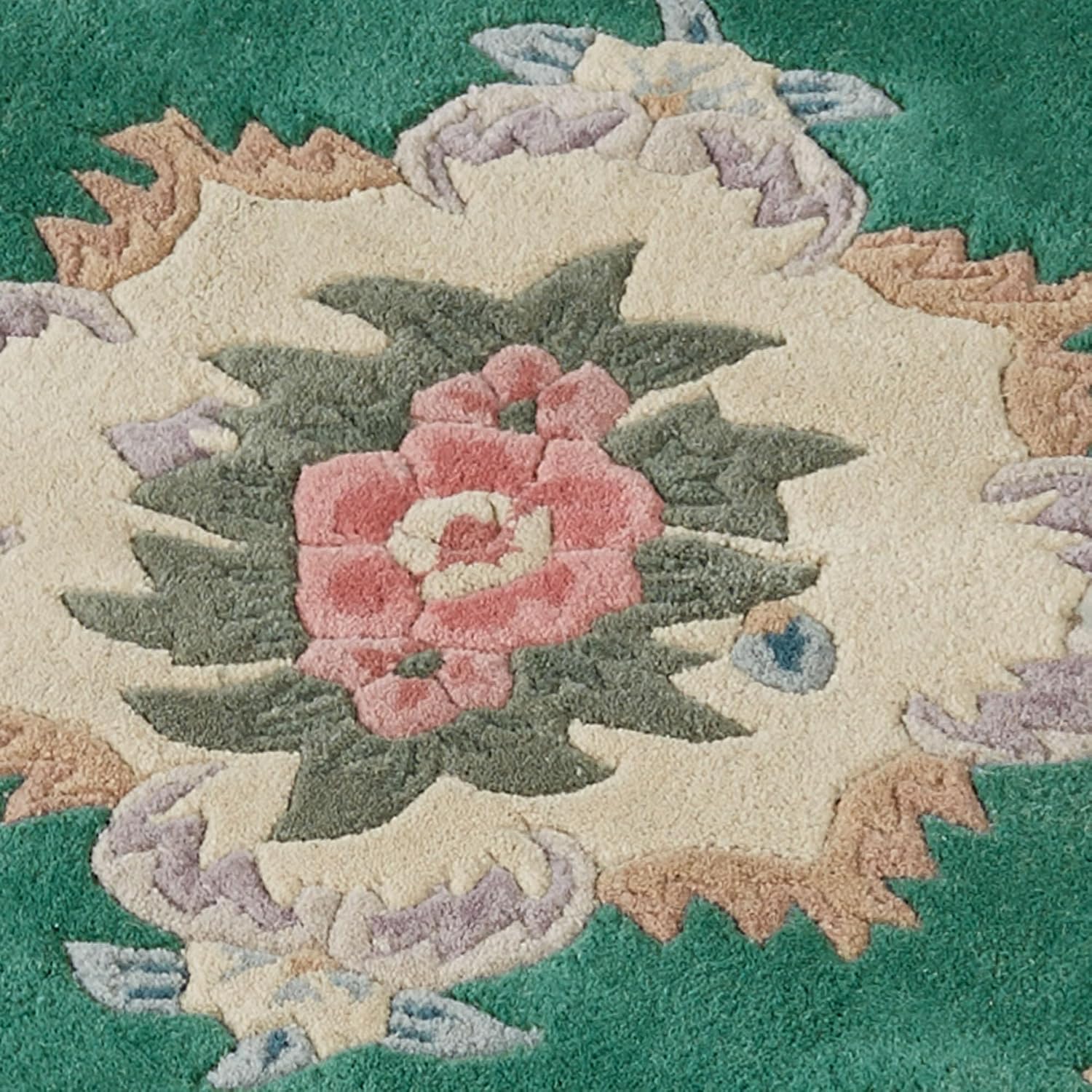 Traditional Floral Serena Aubusson II Round Area Rug | 5 feet 9 inches | Emerald Green | Handcarved, Hand-tufted, Luster Washed, Thick Pure Wool Circle Area Rug with Flowers and Scrollwork