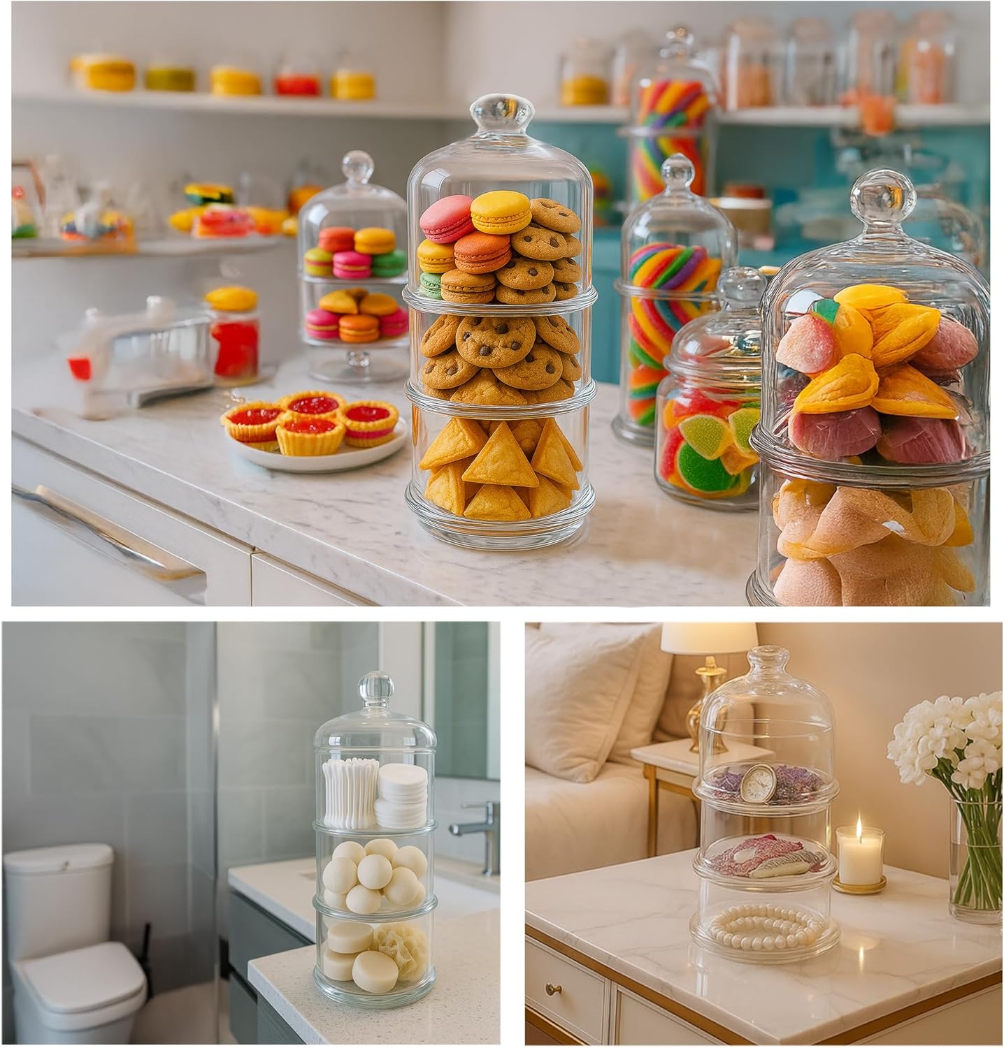 Ums 3 Tier Glass Jars with Lid, Cookie Jar, Candy Jars for Candy Buffet, Apothecary Jars, Kitchen & Bathroom Organizers and Storage