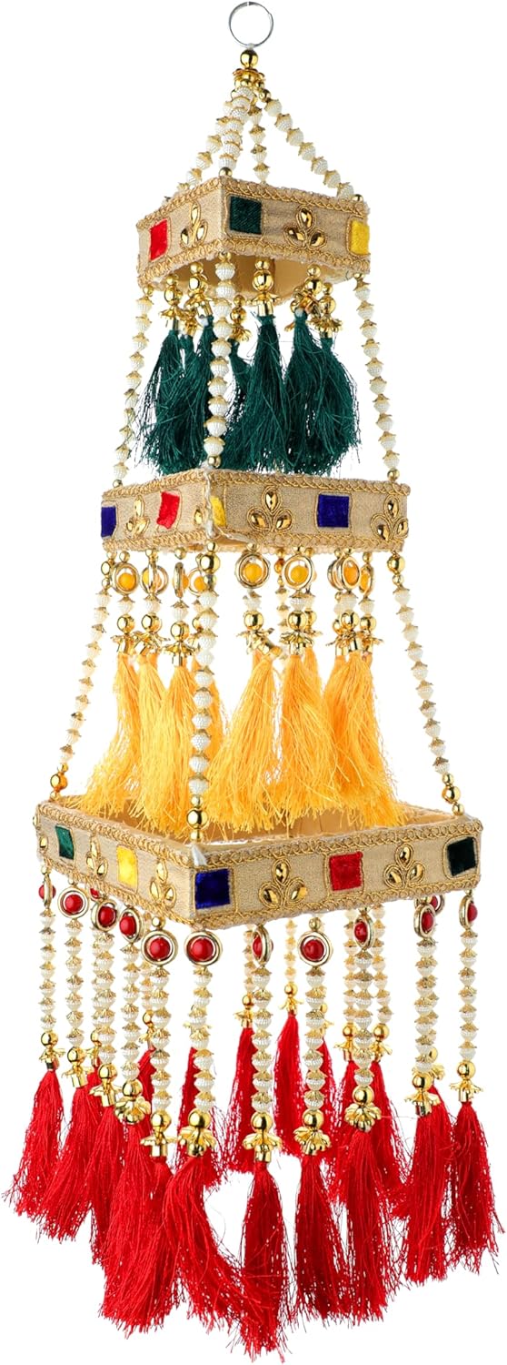 Decorative Wall Roof Hanging Square Centre Ceiling Jhoomar Golden Hangings Ornament Party Christmas Decoration Indoor Outdoor for Indian Gifts New year Gifts Wedding festival Home Decor(Size:-14"X6")
