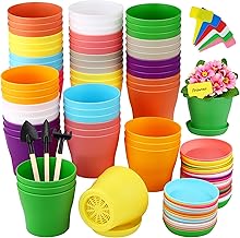Hahood 60 Pieces Plastic Planters 4 Inch Flower Pot with Trays Labels Multicolor Flower Plant Pots Plants Nursery Pots Flower Seedling Nursery Pots for Indoor Outdoor Plant, Herb, Succulent, 10 Color