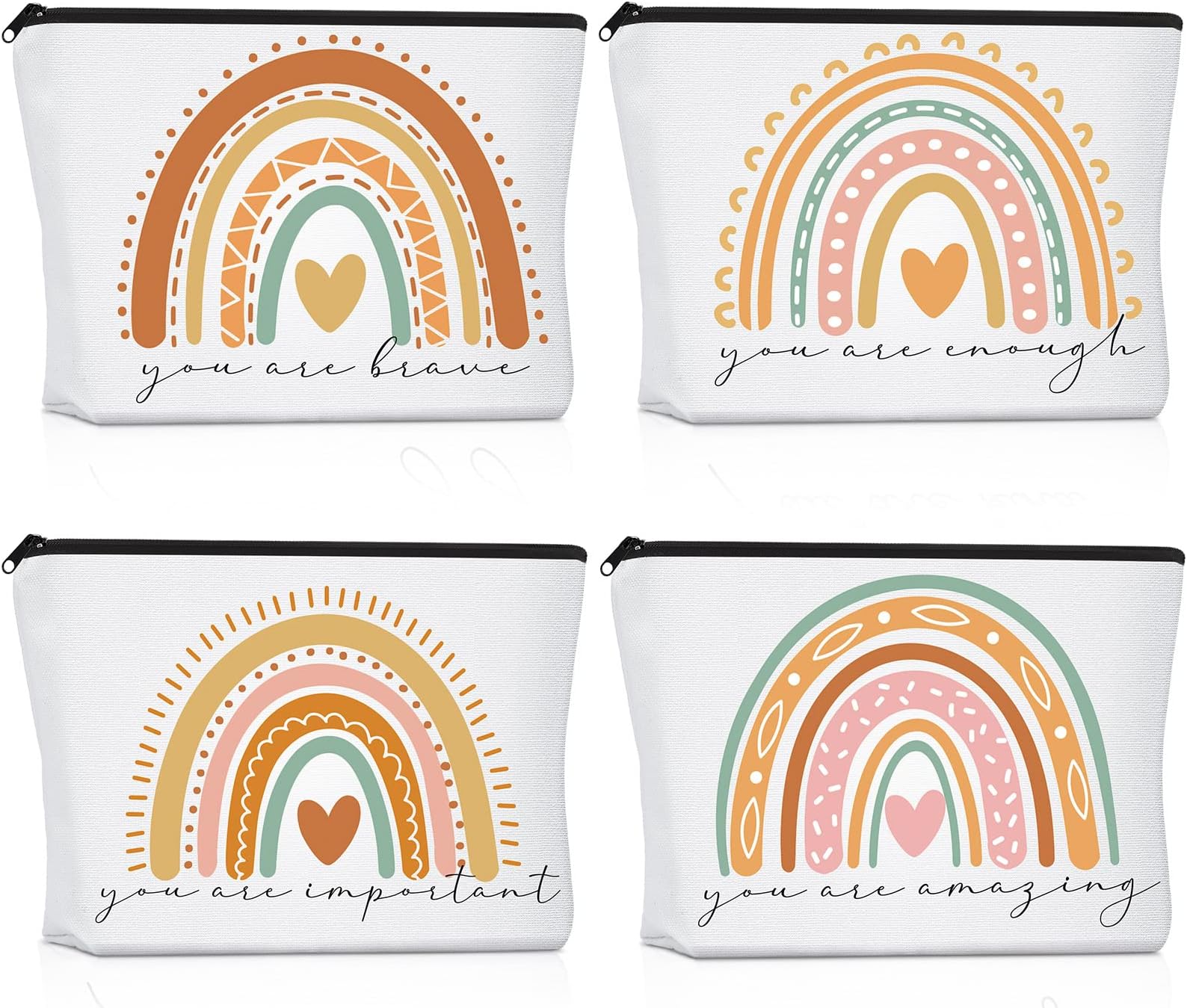 Saintrygo Rainbow Cosmetic Bag 4 Pieces Inspirational Quotes Canvas Cosmetic Bags Bulk You Are Loved Beautiful Kind Makeup Bag Personalized Purse Pouch for Women Girl Teacher Gift, Multicolor, Heart
