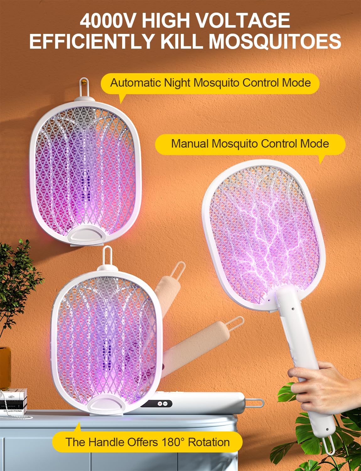 WOCVRYY 4000V 1800 Mah Elektryczna Łapka na Muchy 3w1 Ładowana Elektryczna z Usb C Możliwość Ponownego Ładowania Światło LED Pułapka na Muchy Składana do Użytku Wewnątrz i na Zewnątrz