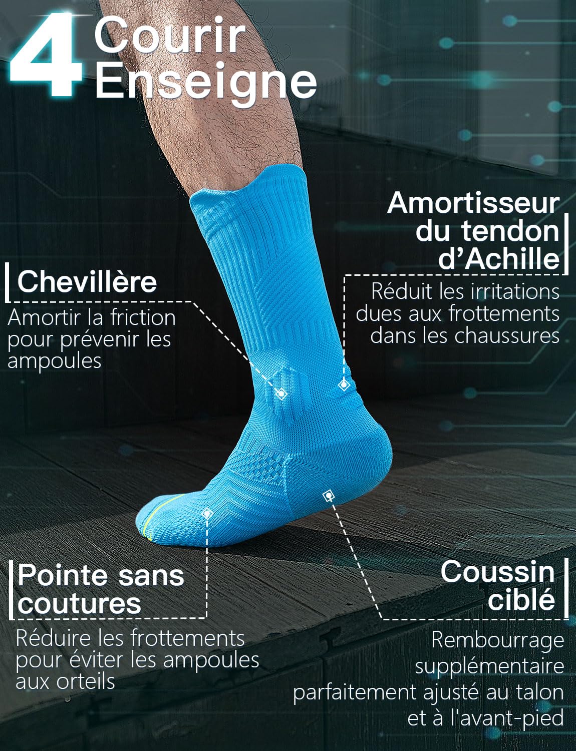 Juclise Chaussettes de course à pied en bambou Coolmax pour homme, compression, évacuation de l'humidité