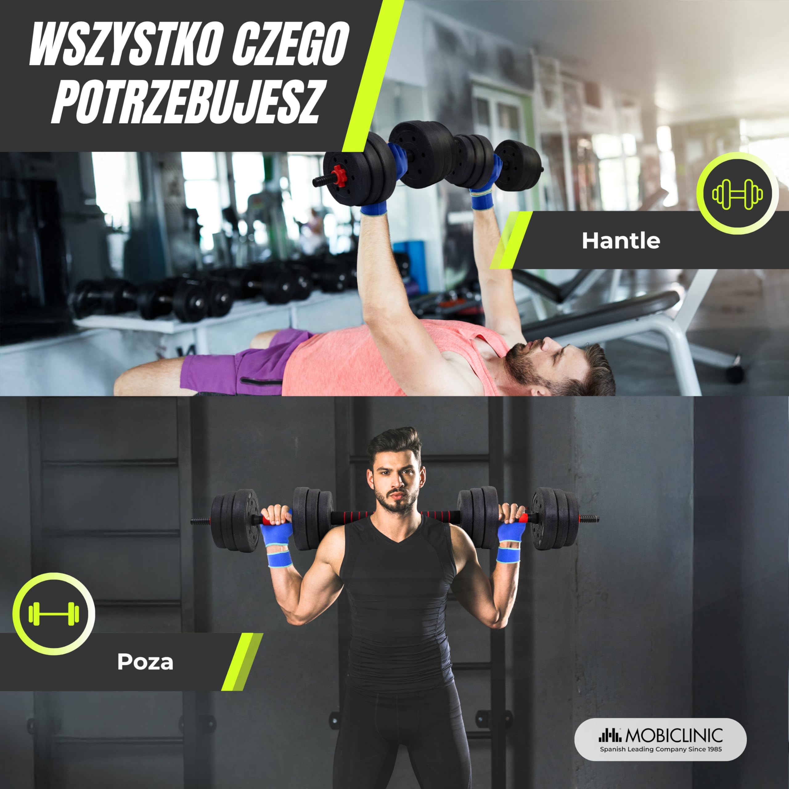 Mobiclinic®, Regulowane Hantle 30 kg, 2 w 1, Zestaw Ciężarków, Hantle, Drążek Łączący, Przenośny, Uchwyt Antypoślizgowy, Maxifit, Siłownia Domowa, Fitness