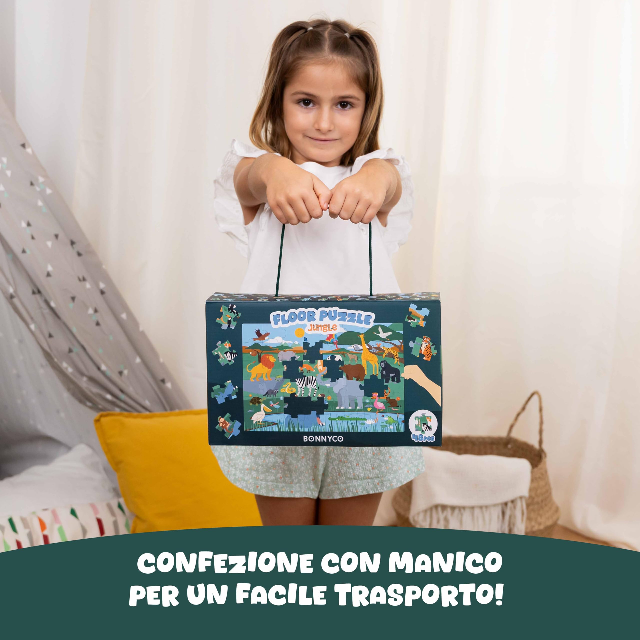 BONNYCO Puzzle Bambini XXL Animali Giungla 48 Pezzi Grandi 92x62 cm Giochi Educativi 2-8 Anni