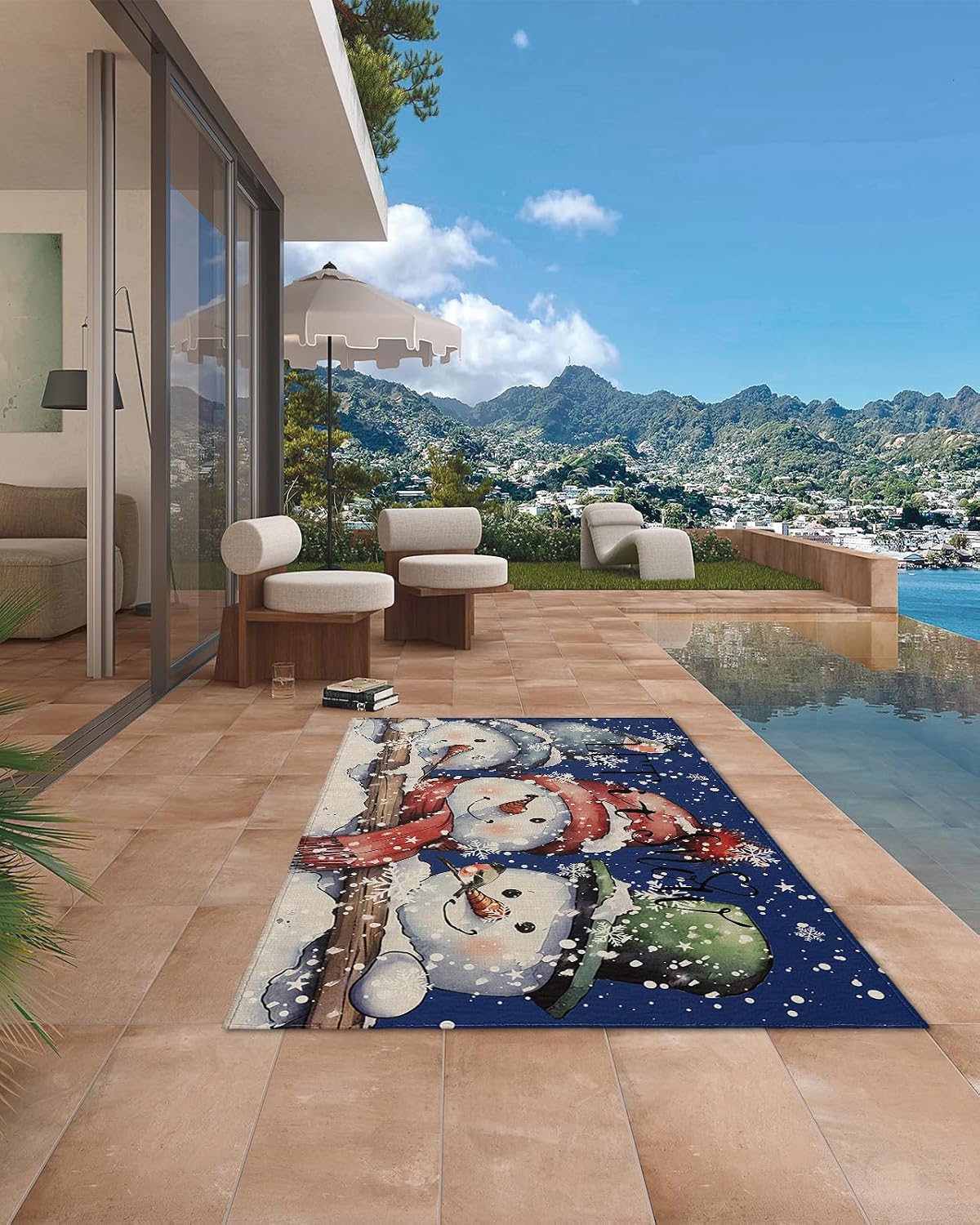 Outdoor Rug, Christmas Snowman Snowflake Robin Wood Hat Scarf Winter Dark Blue Absorbant Non-Slip Area Rugs Mat Carpet for Patio Balcony Porch Backyard Deck Rv Camping 5x8 ft