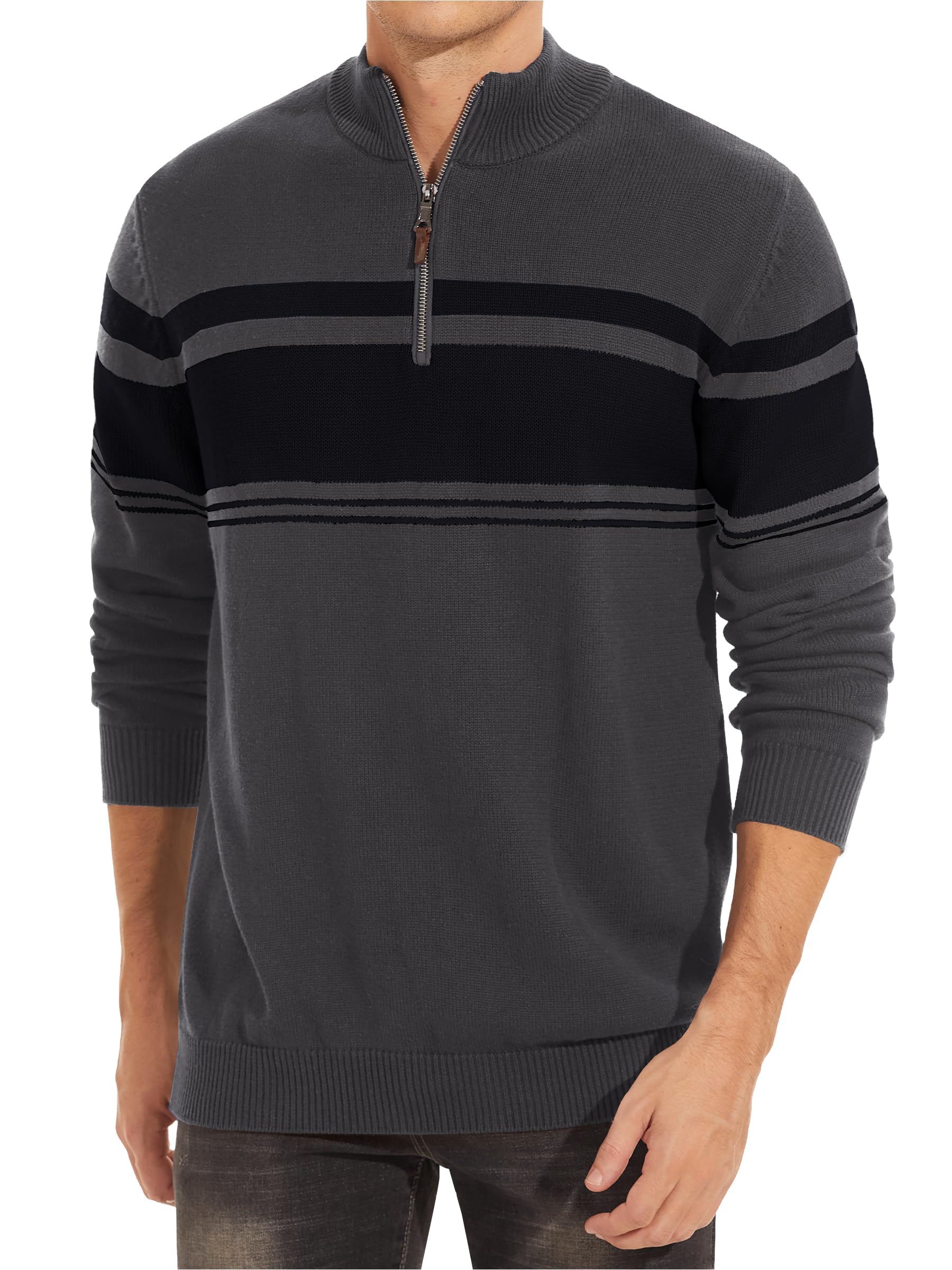 Cavva Pullover Herren Gestreift Strickpullover 1/4 Zip Winterpullover Pulli | Gestreifter Rollkragenpullover aus Baumwolle, Langarm mit 1/4 Zip Stehkragen, Warmer Winterpullover für Herren Strickpullover