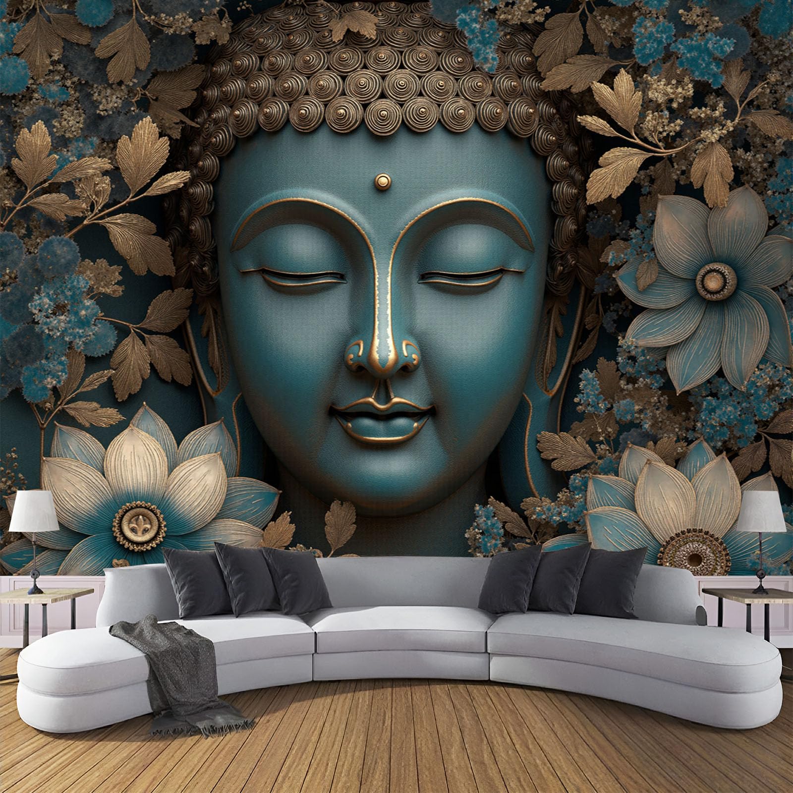 Pared Papel 3D Seda Papel Pintado Murales Plantas Y Flores Estatua De Buda Con Flores, Dormitorio Sala Tv Fondo Decoración De Pared Decorativos Fotomurales Murales Turquesa, 350 x 256 cm