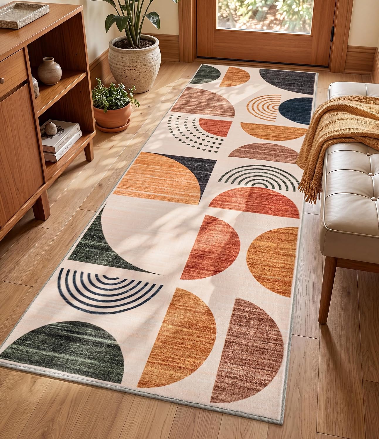 Boho 2x6 Runner Rug for Kitchen Non Slip Washable, Mid-Century Modern Rug Runners for Hallway Entryway, Soft Floor Carpet Runner for Bathroom Laundry Room Bedroom, Beige/Terracotta