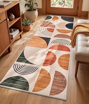 YIHOUSE Boho 2x6 Runner Rug for Kitchen Non Slip Washable, Mid-Century Modern Rug Runners for Hallway Entryway, Soft Floor Carpet Runner for Bathroom Laundry Room Bedroom, Beige/Terracotta