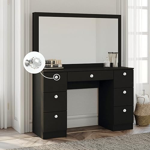 Miniatura 2 de Boahaus Artemisia - Escritorio de maquillaje con 7 cajones, espejo Hollywood de ancho completo, tocador negro con espejo, perillas básicas, mesa de