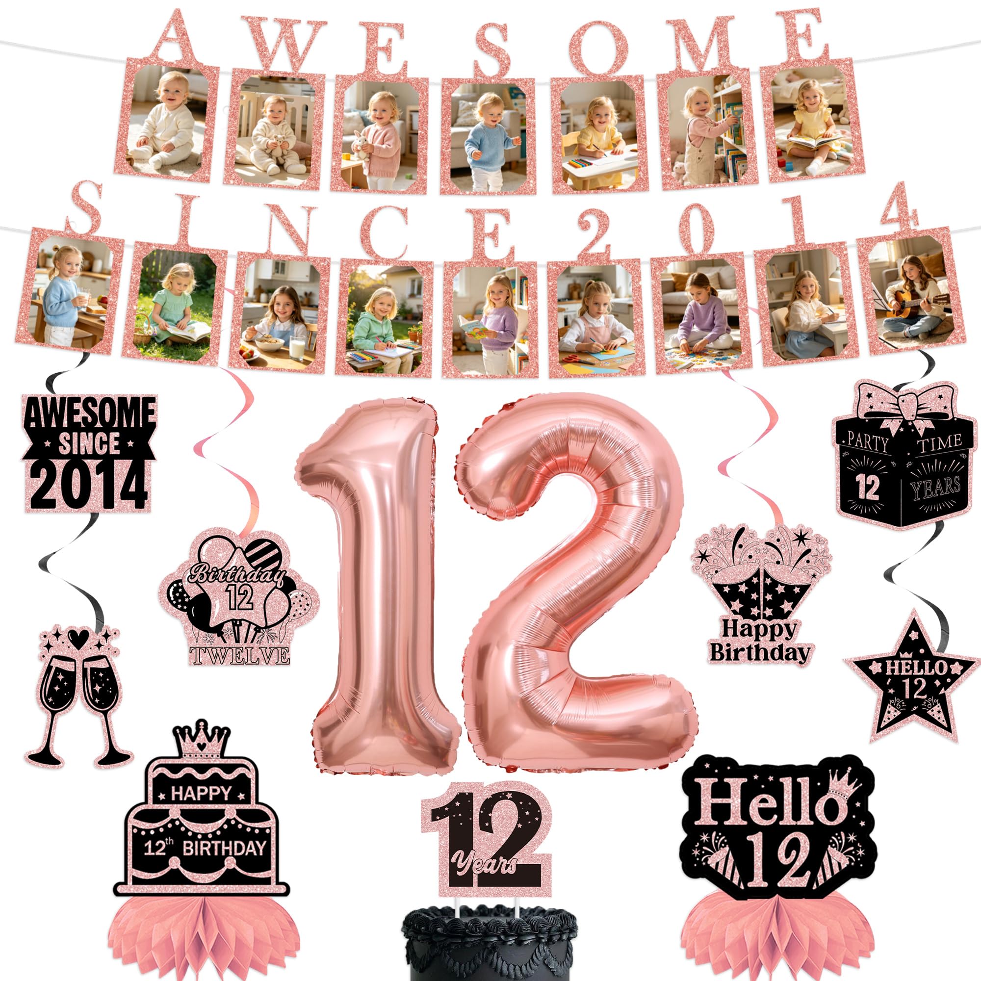 12th Birthday Banner Decorations Girls, Awesome Since 2014 Photo Banner